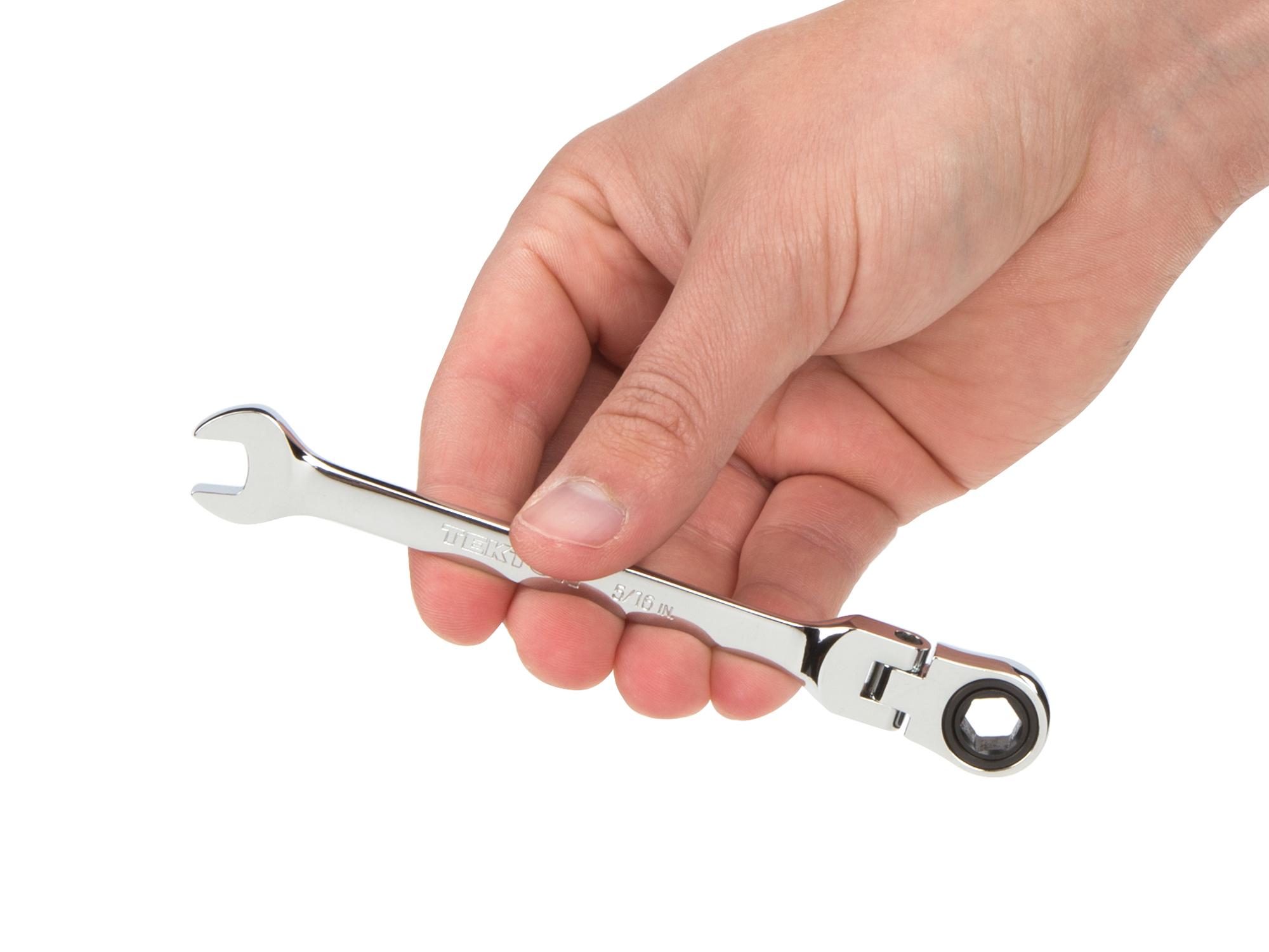 Person holding Tekton ratcheting combination wrench. Item #WRN57006