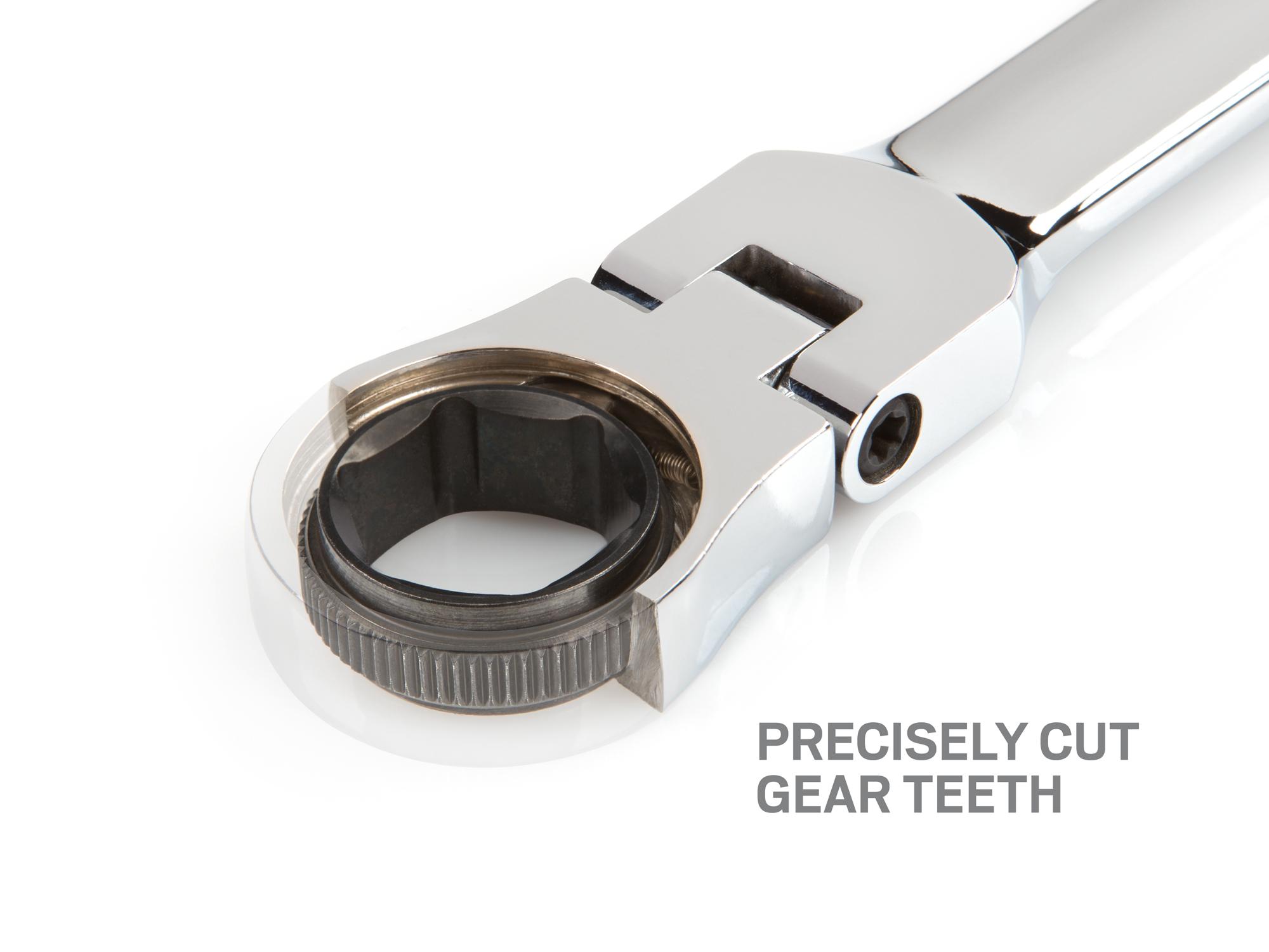 Closeup view of Tekton ratcheting combination wrench. Item #WRN57008
