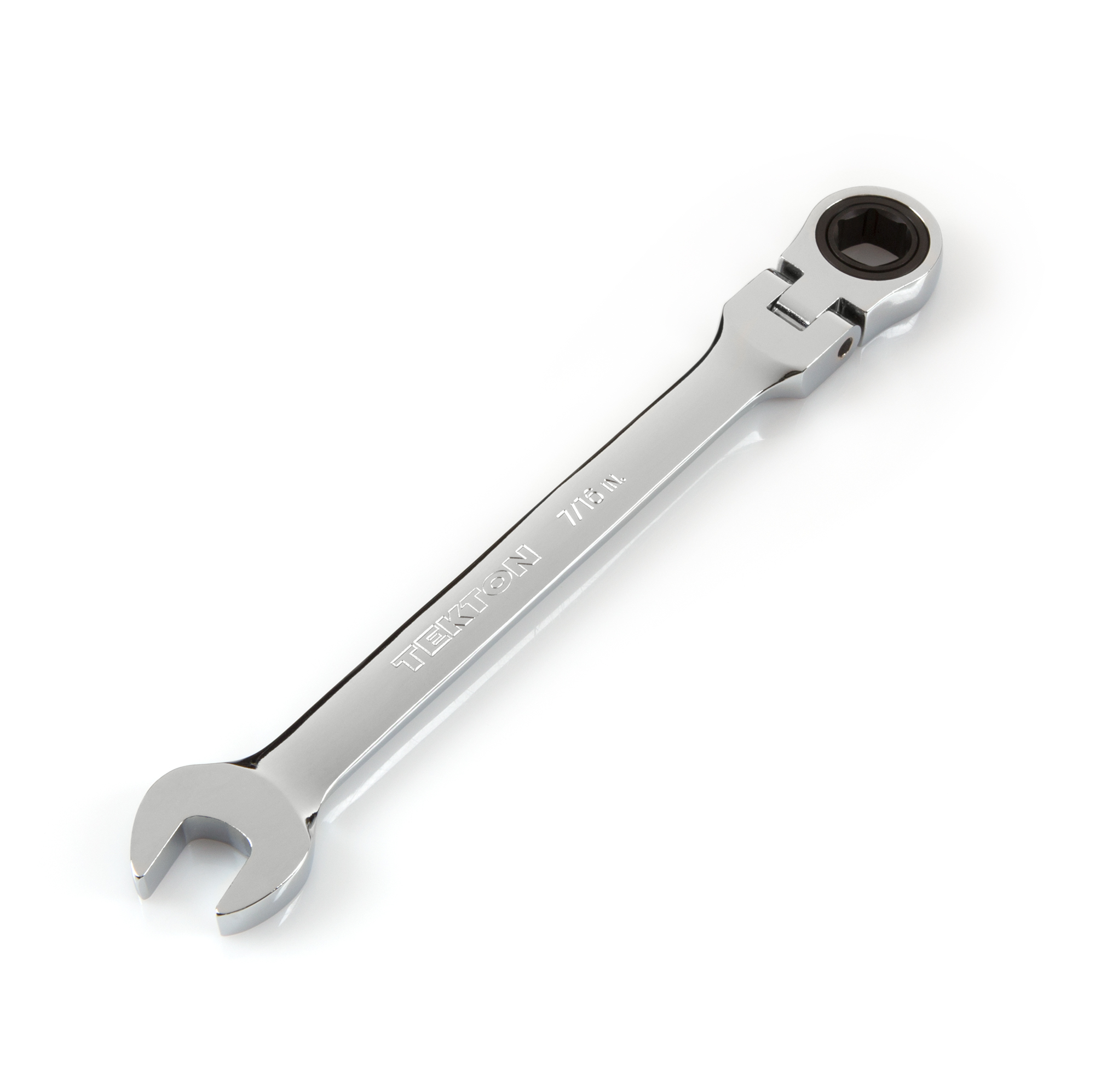Front-right angle view of Tekton 7/16 inch ratcheting combination wrench set. Item #WRN57009