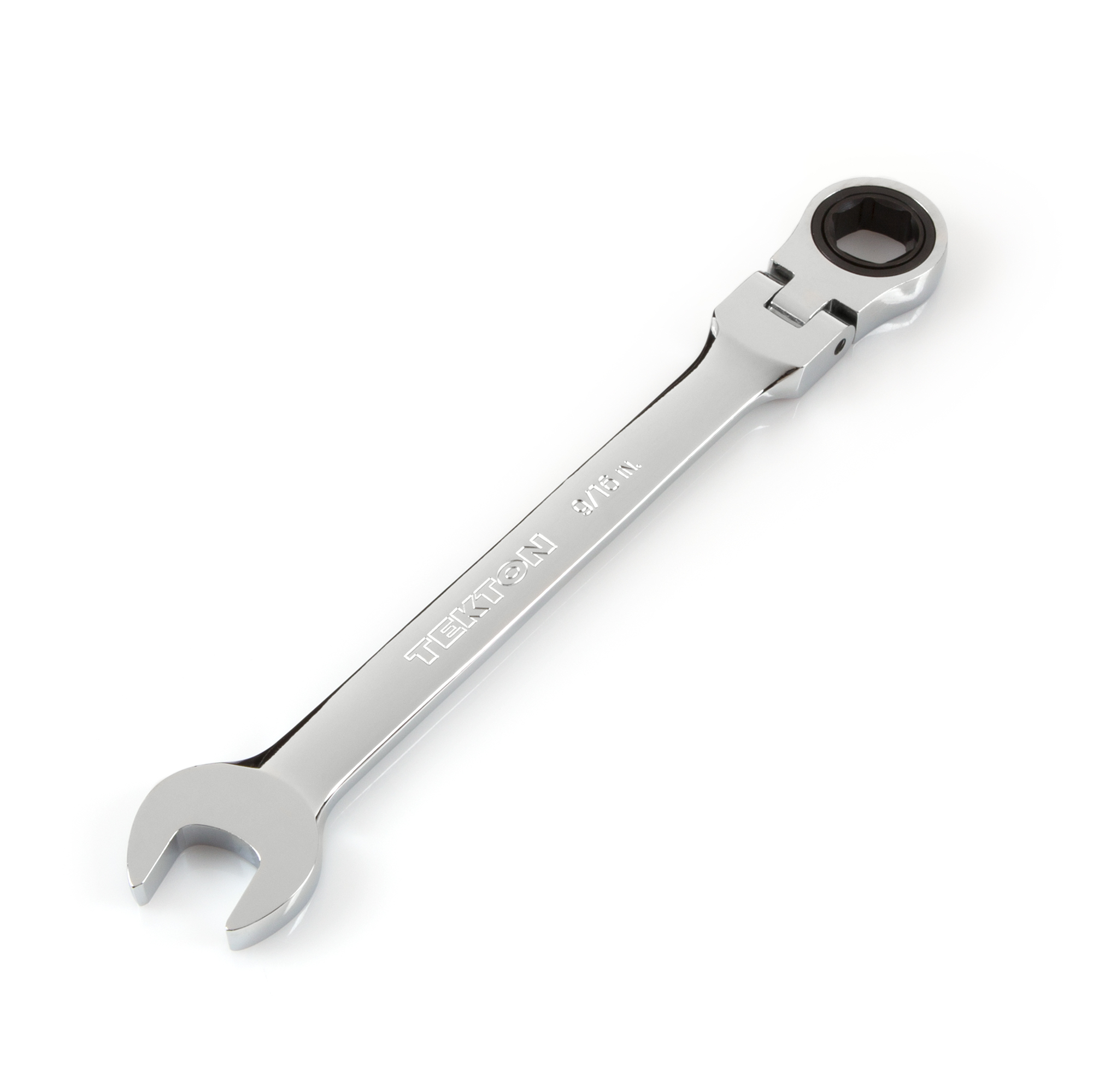 Front-right angle view of Tekton 9/16 inch ratcheting combination wrench set. Item #WRN57011