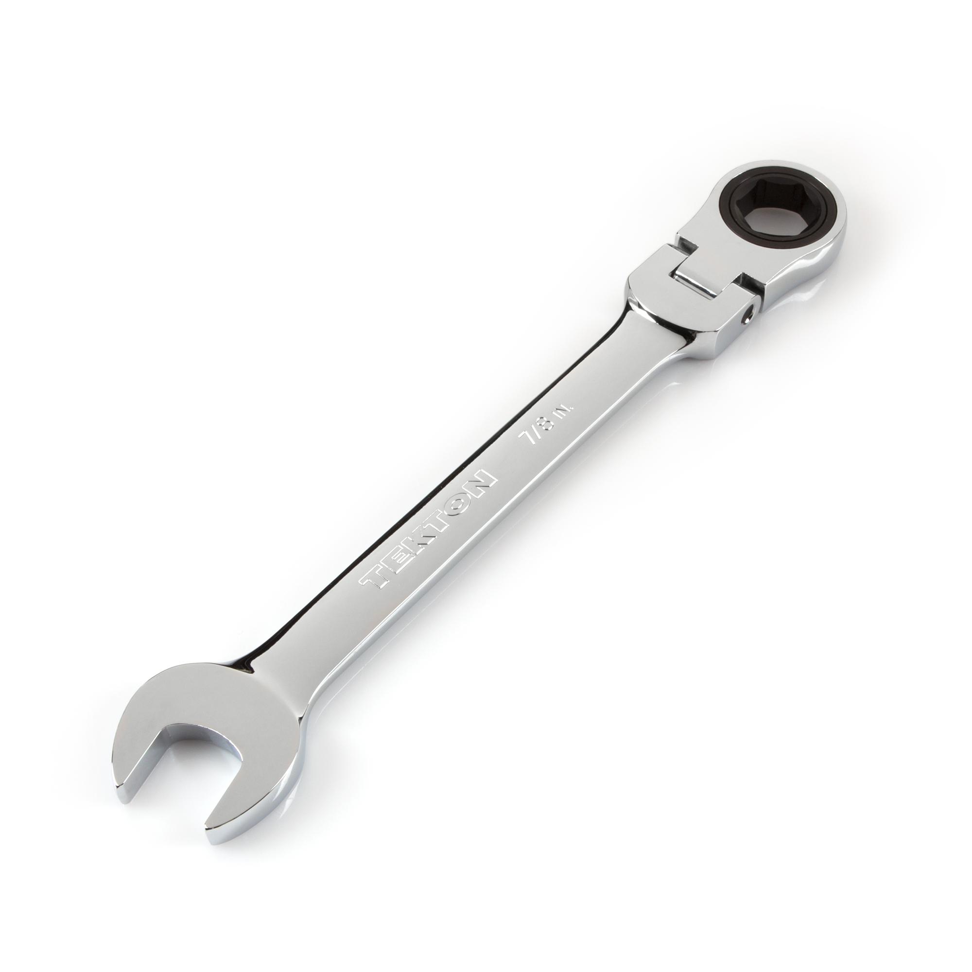 Front-right angle view of Tekton 7/8 inch ratcheting combination wrench set. Item #WRN57016