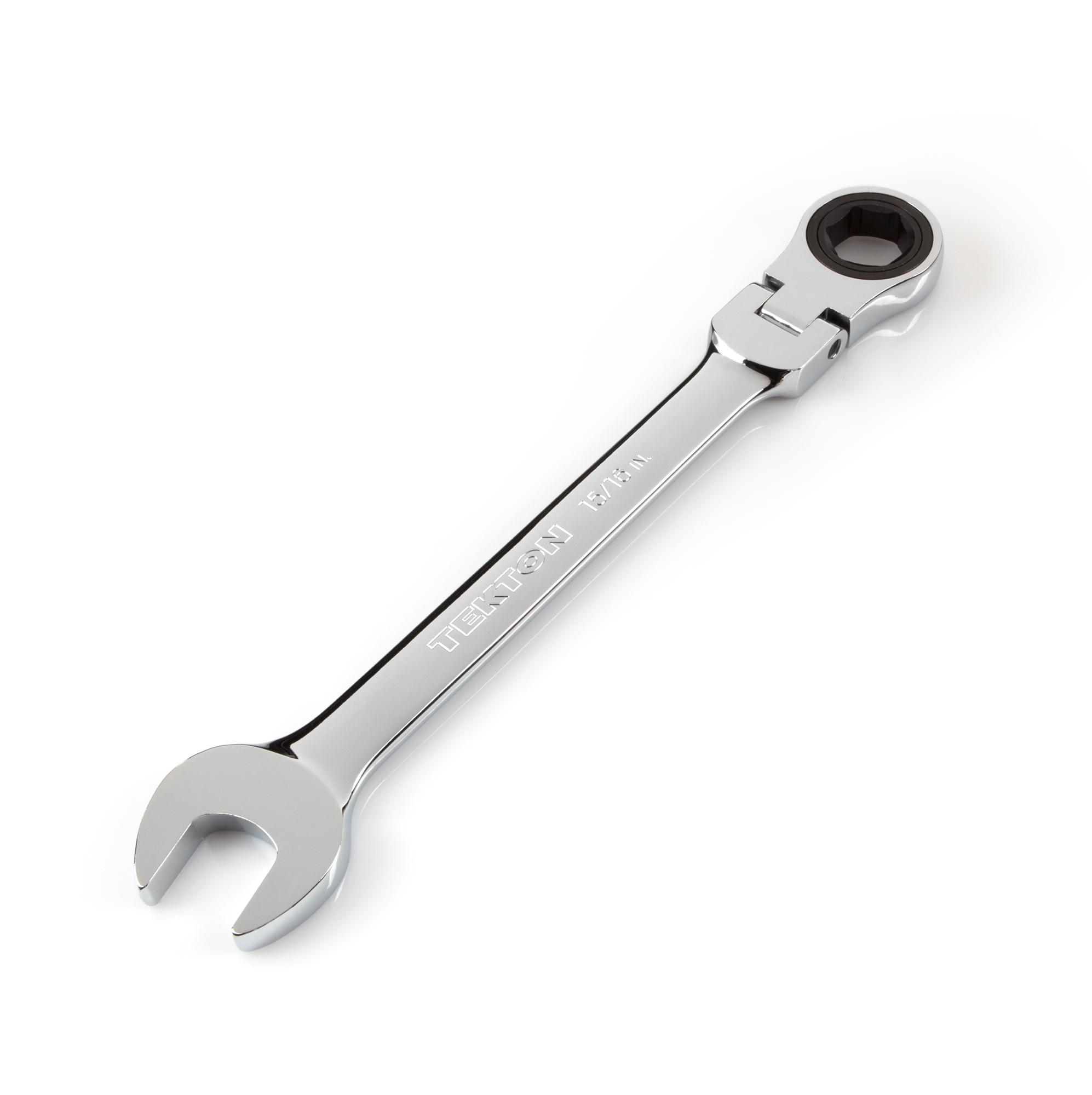 Front-right angle view of Tekton 15/16 inch ratcheting combination wrench. Item #WRN57017