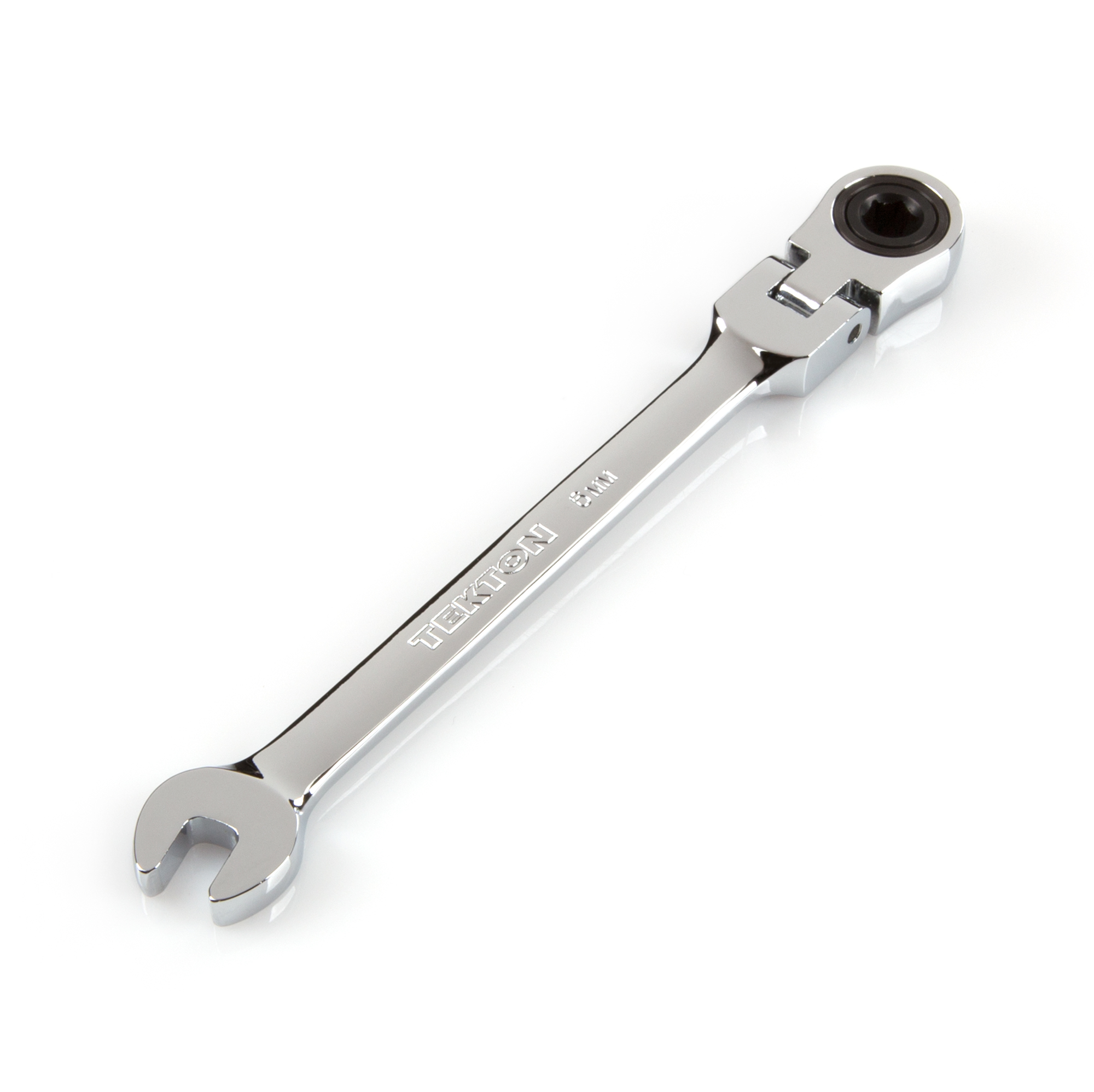 Front-right angle view of Tekton 6 millimeter ratcheting combination wrench set. Item #WRN57106
