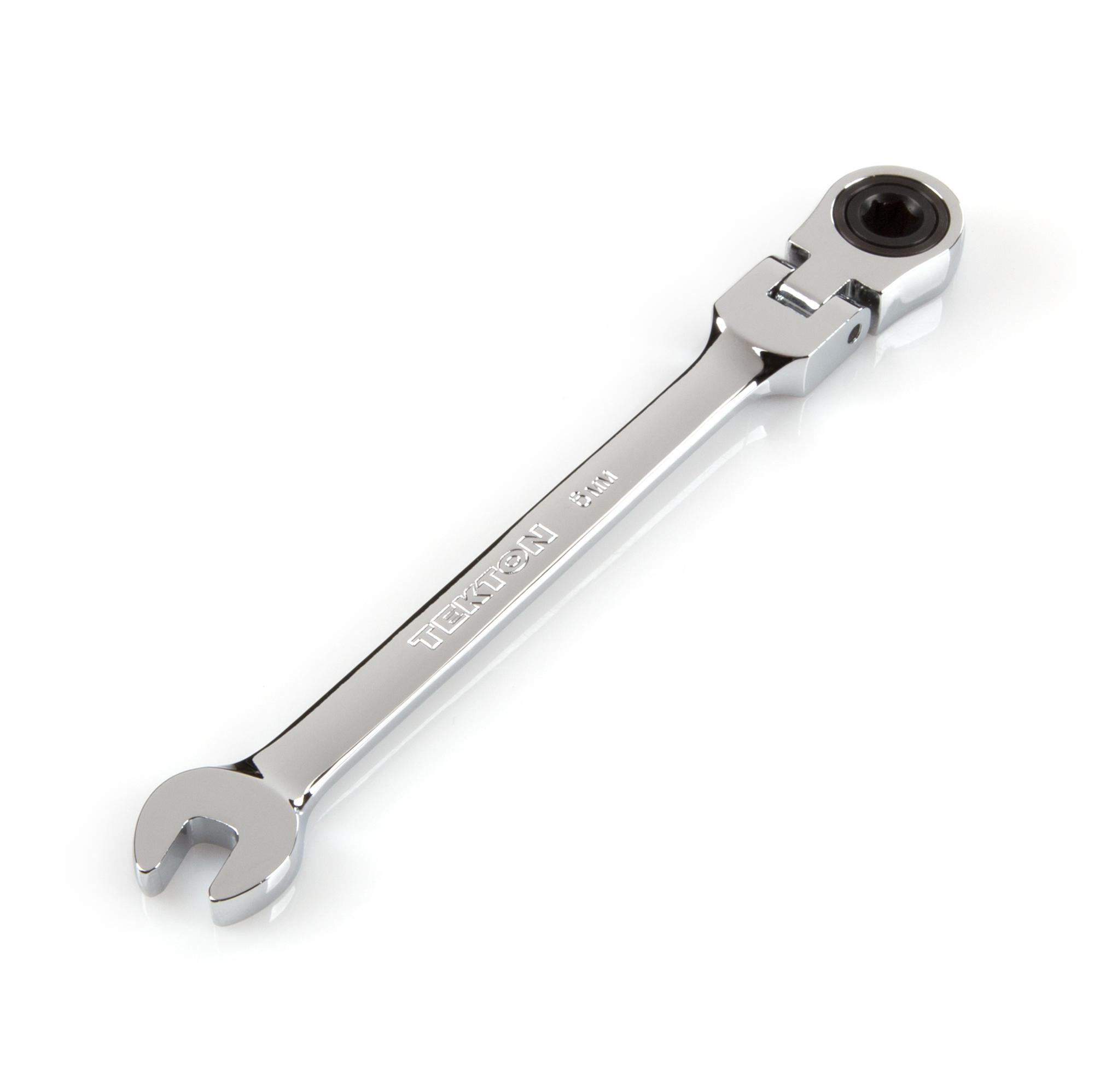 Front-right angle view of Tekton 6 millimeter ratcheting combination wrench set. Item #WRN57106