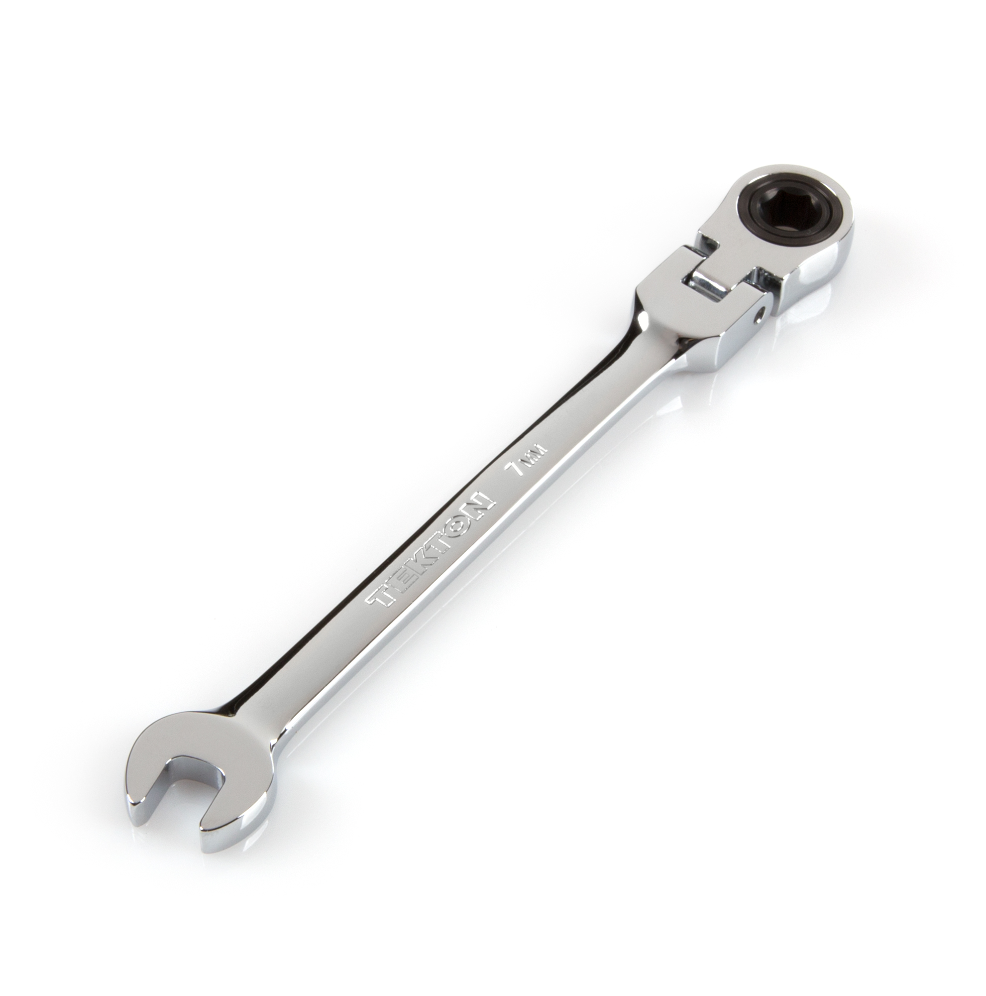 Front-right angle view of Tekton 7 millimeter ratcheting combination wrench set. Item #WRN57107