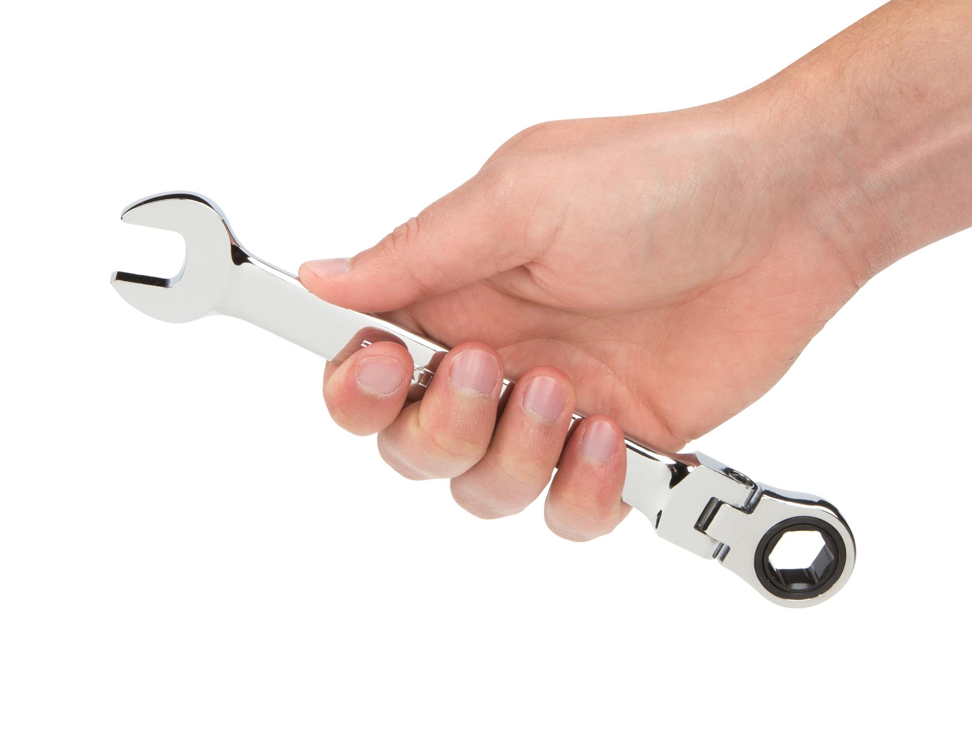 Person holding Tekton ratcheting combination wrench. Item #WRN57115