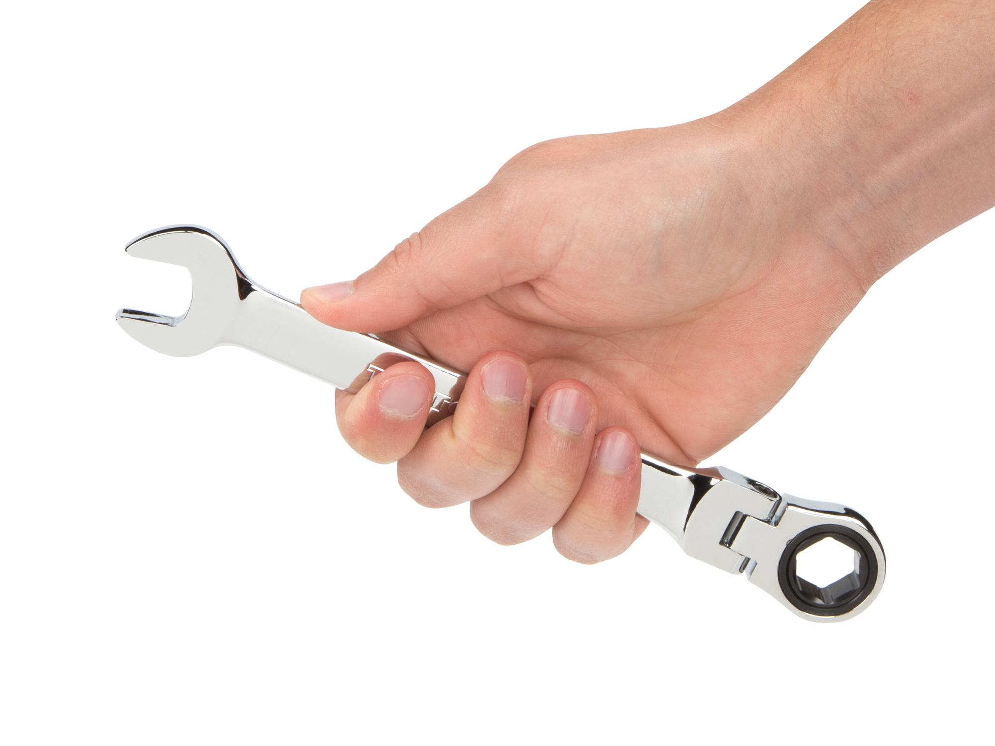 Person holding Tekton ratcheting combination wrench. Item #WRN57116