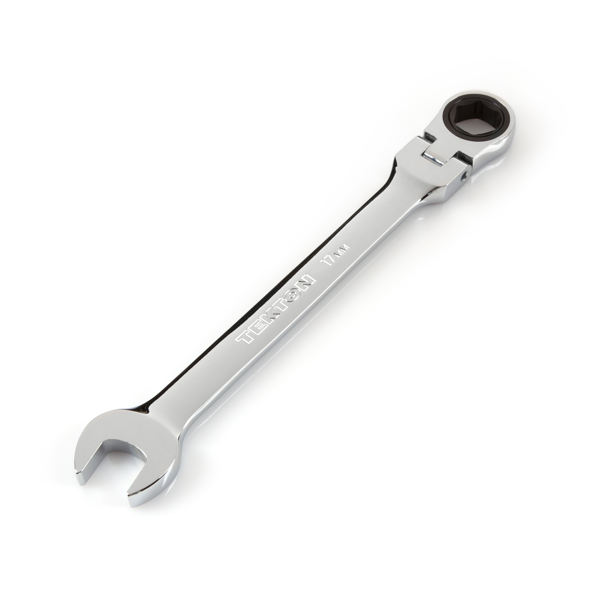 Front-right angle view of Tekton 17 millimeter ratcheting combination wrench set. Item #WRN57117