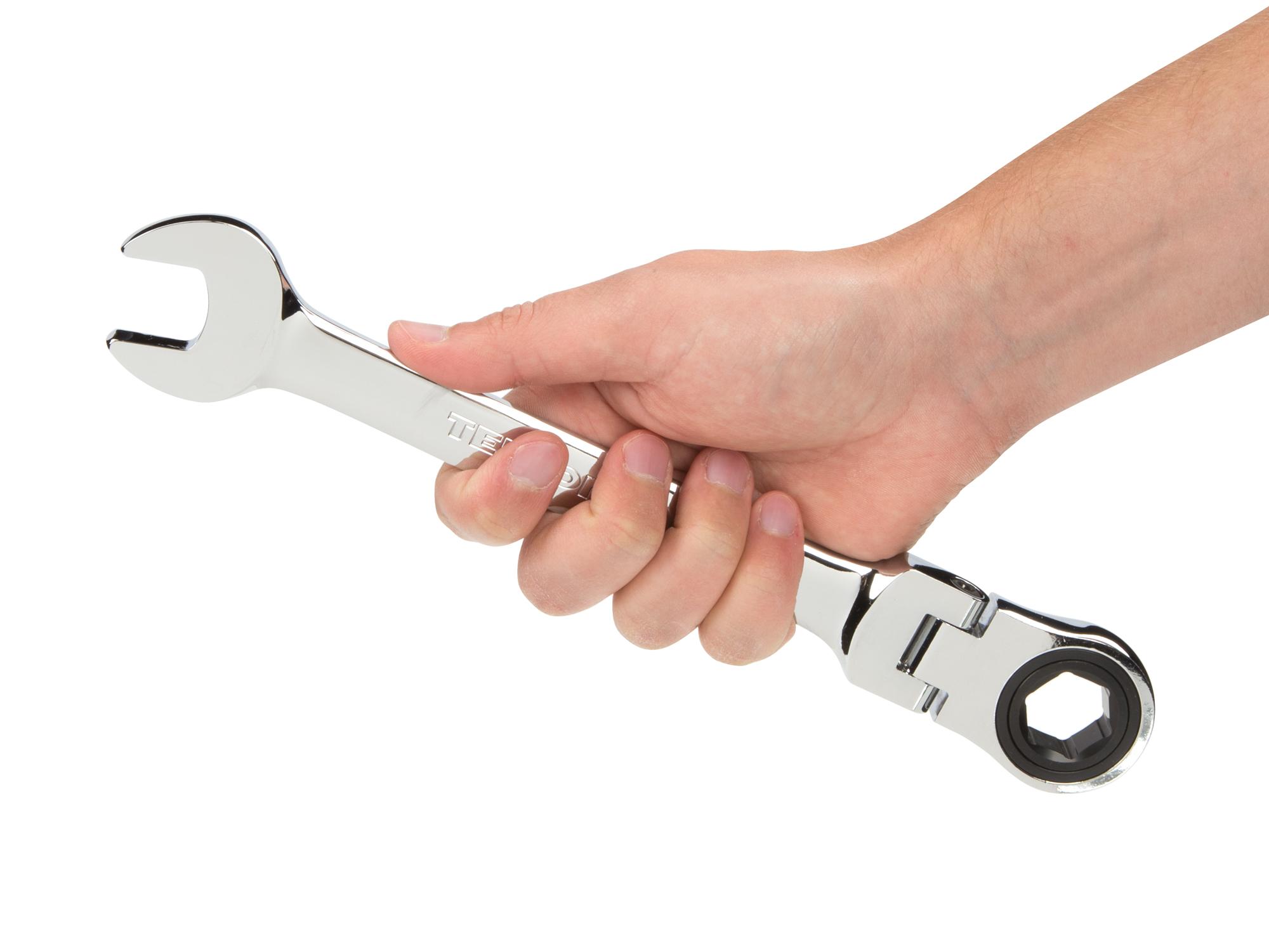 Person holding Tekton ratcheting combination wrench. Item #WRN57120