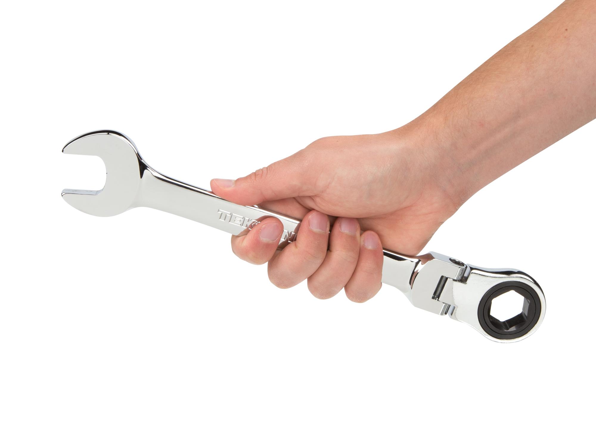 Person holding Tekton ratcheting combination wrench. Item #WRN57123