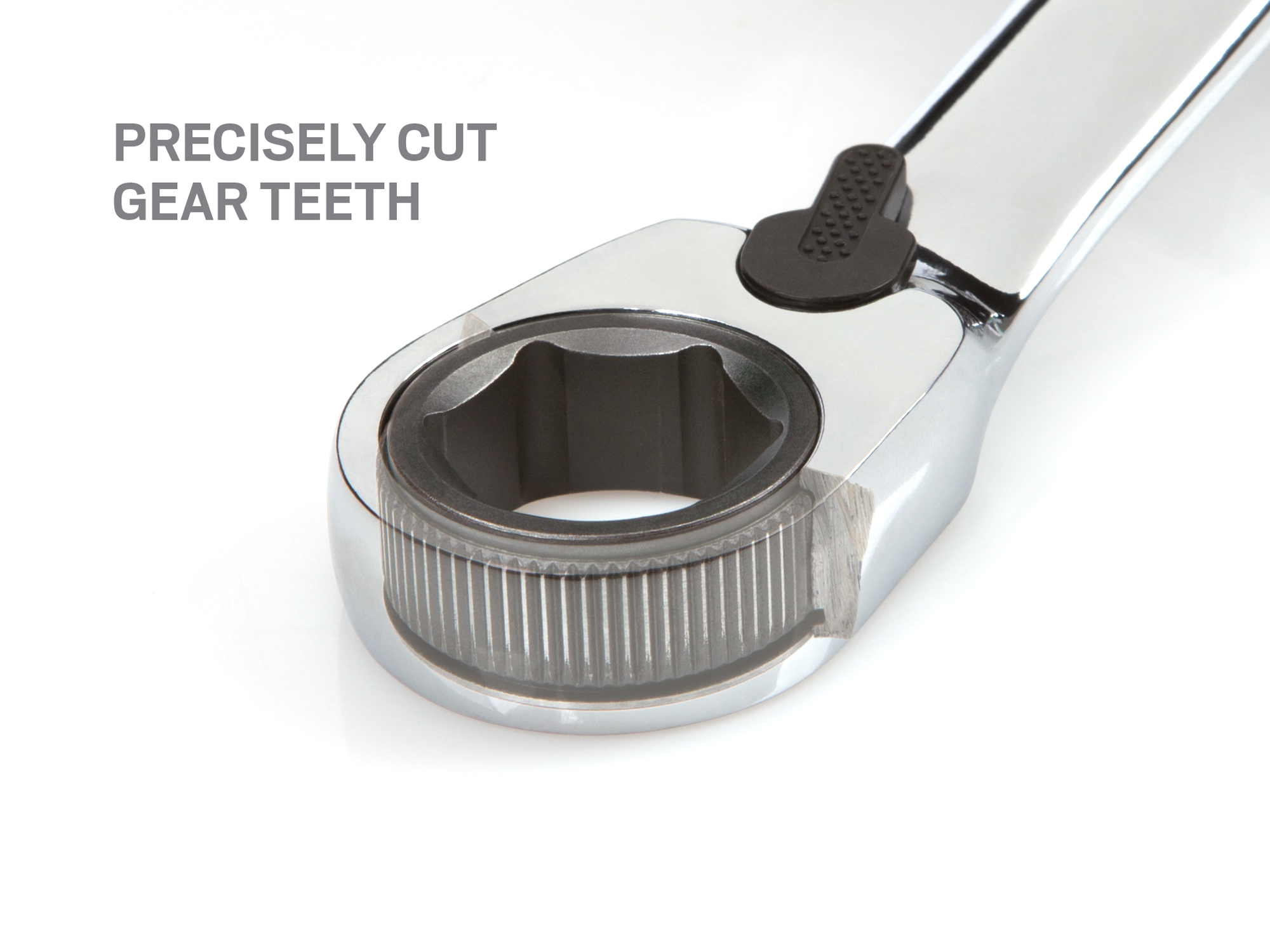 Closeup view of  Tekton 15 millimeter ratcheting combination wrench