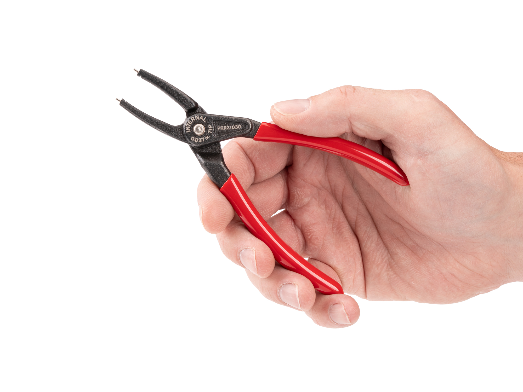 Person holding Tekton 5 inchh (0.037 inch tips) retaining ring pliers set. Item #PRR21030