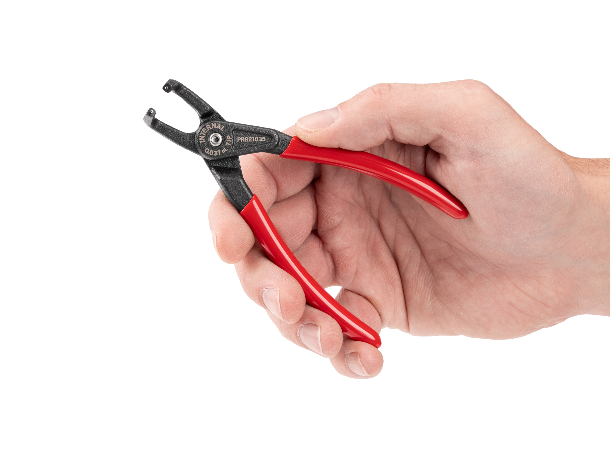 Person holding Tekton 5 inchh (0.037 inch tips) retaining ring pliers set. Item #PRR21035