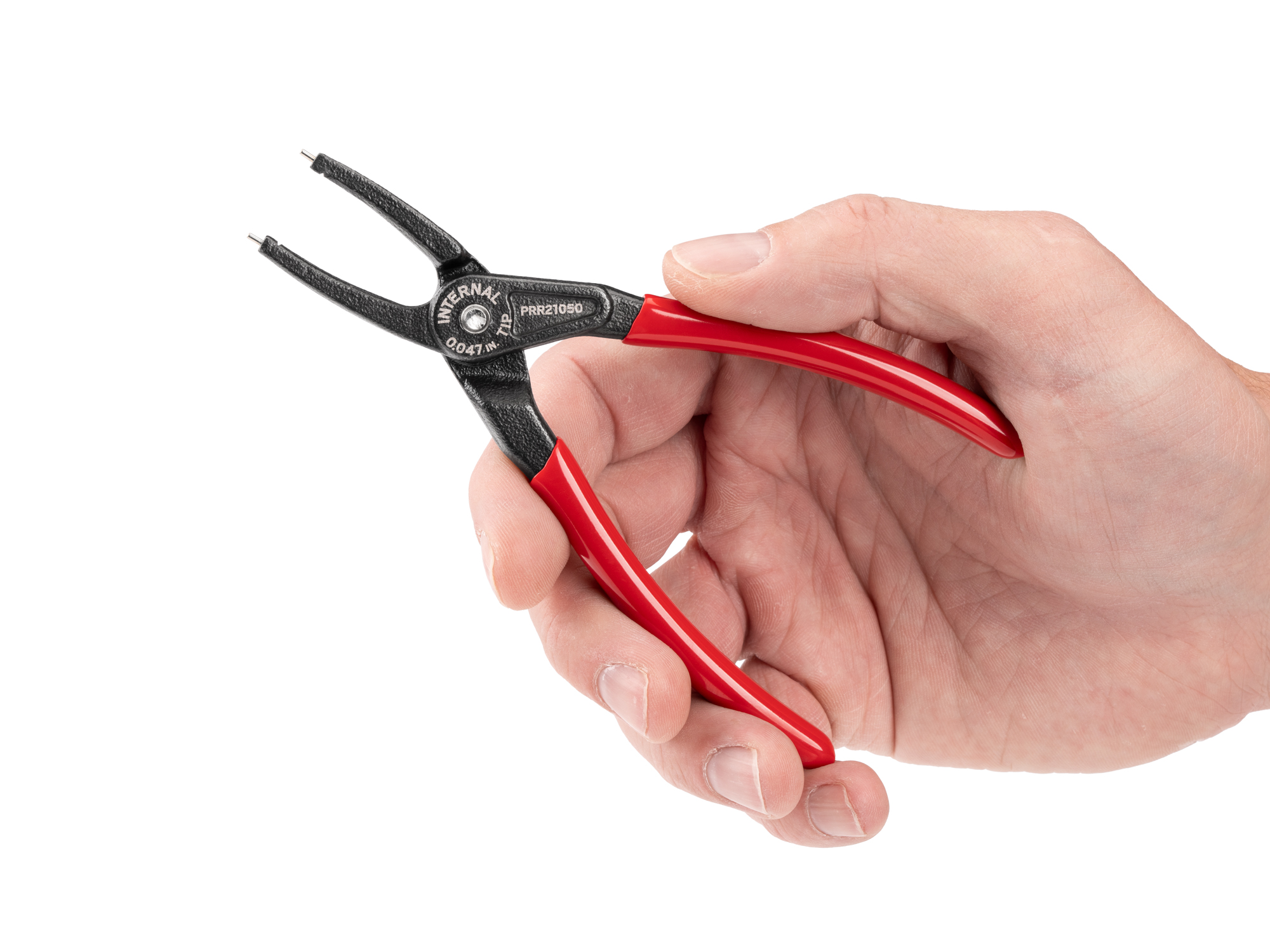 Person holding Tekton 5 inchh (0.047 inch tips) retaining ring pliers set. Item #PRR21050