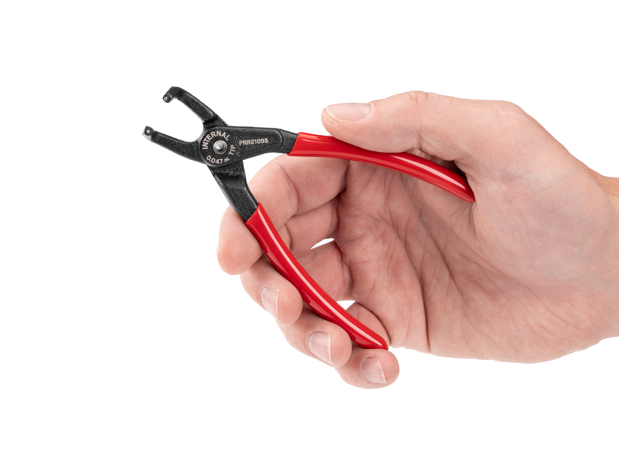 Person holding Tekton 5 inchh (0.047 inch tips) retaining ring pliers set. Item #PRR21055