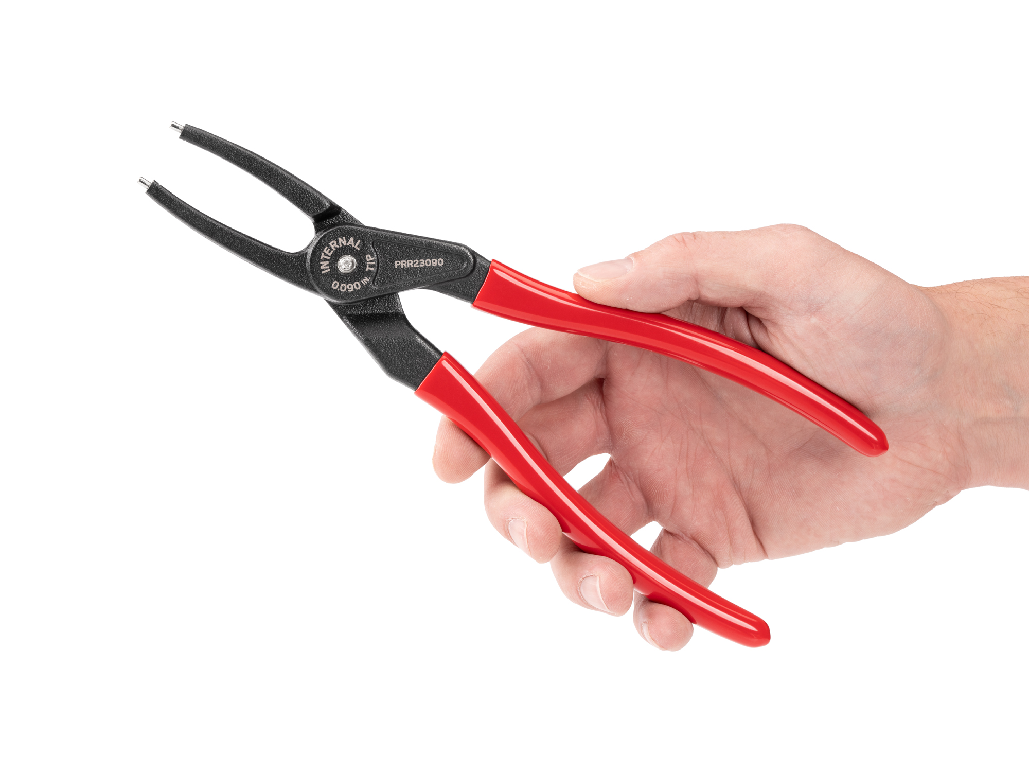 Person holding Tekton 9 inchh (0.090 inch tips) retaining ring pliers set. Item #PRR23090
