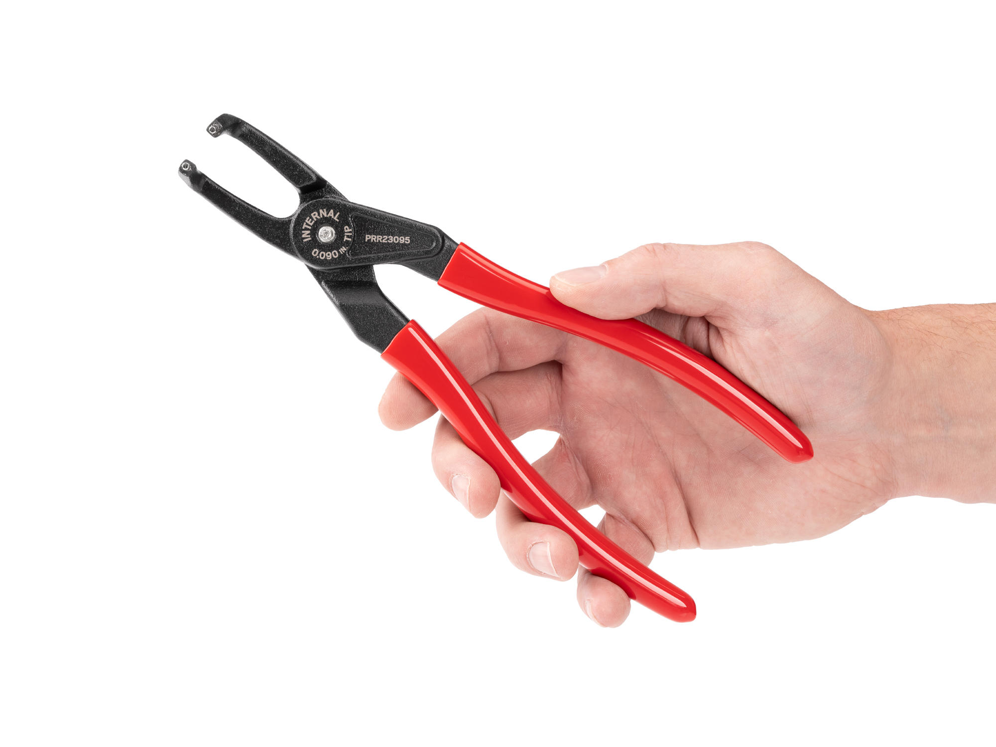 Person holding Tekton 9 inchh (0.090 inch tips) retaining ring pliers set. Item #PRR23095