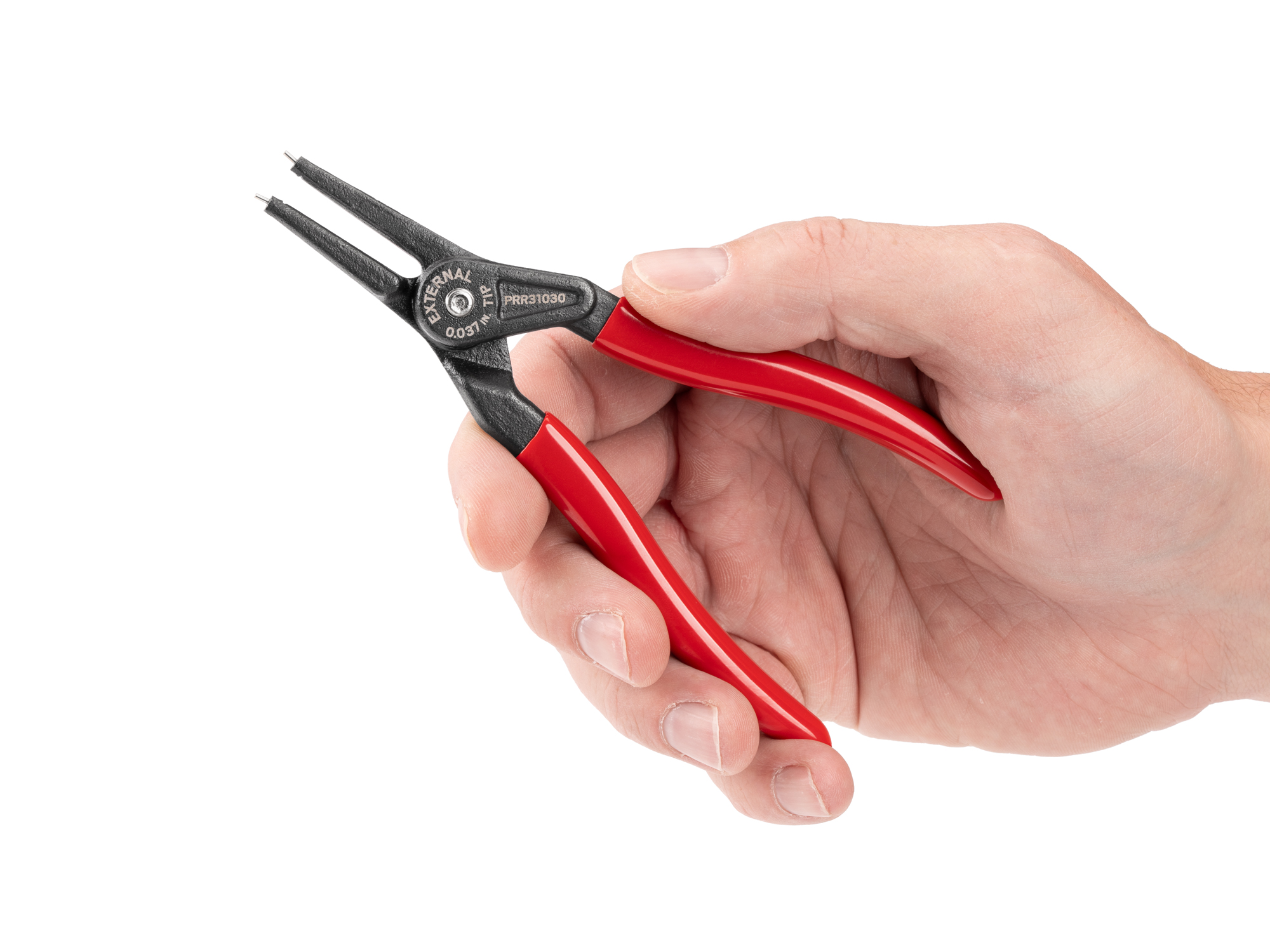 Person holding Tekton 5 inchh (0.037 inch tips) retaining ring pliers set. Item #PRR31030