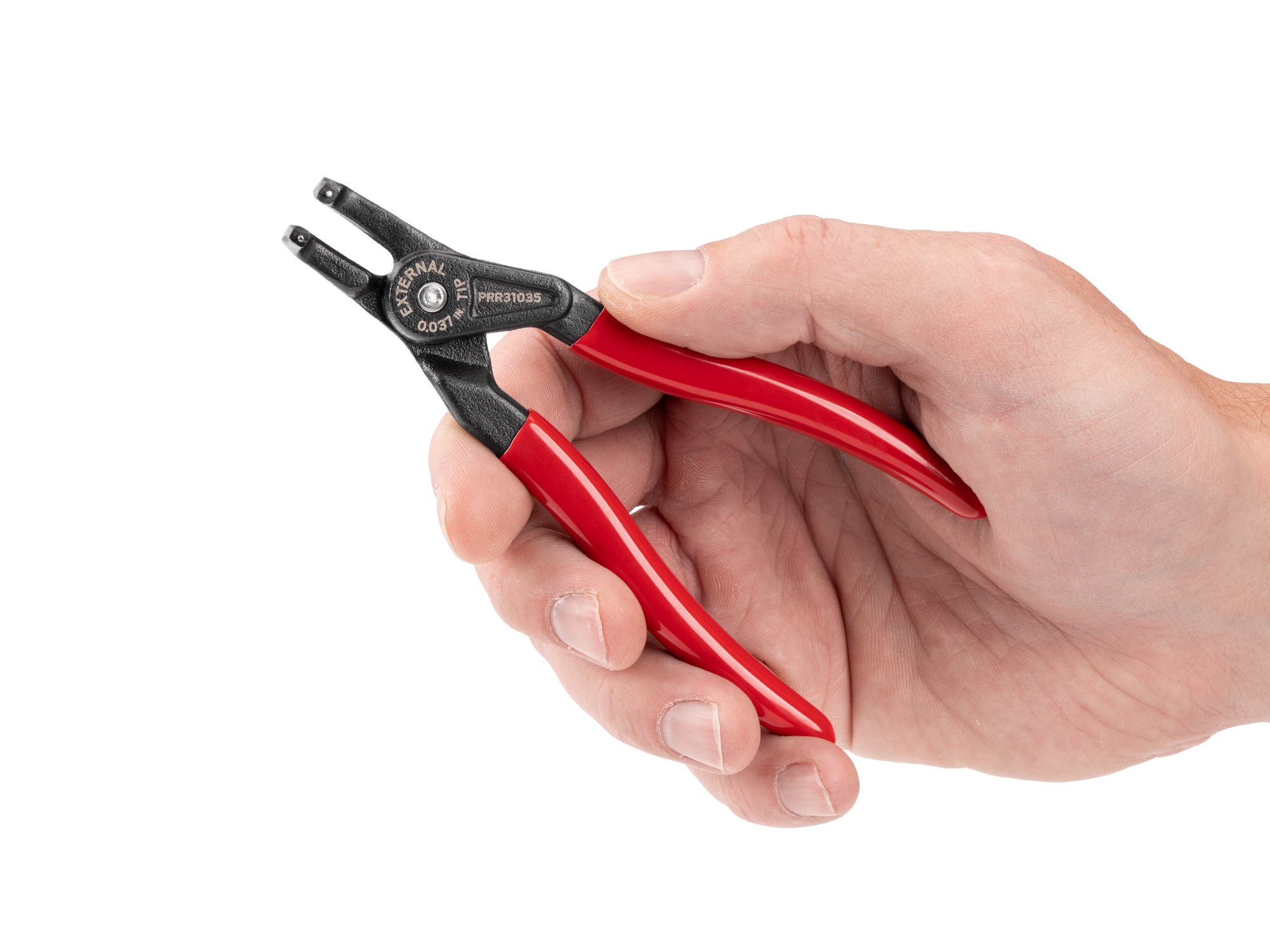 Person holding Tekton 5 inchh (0.037 inch tips) retaining ring pliers set. Item #PRR31035