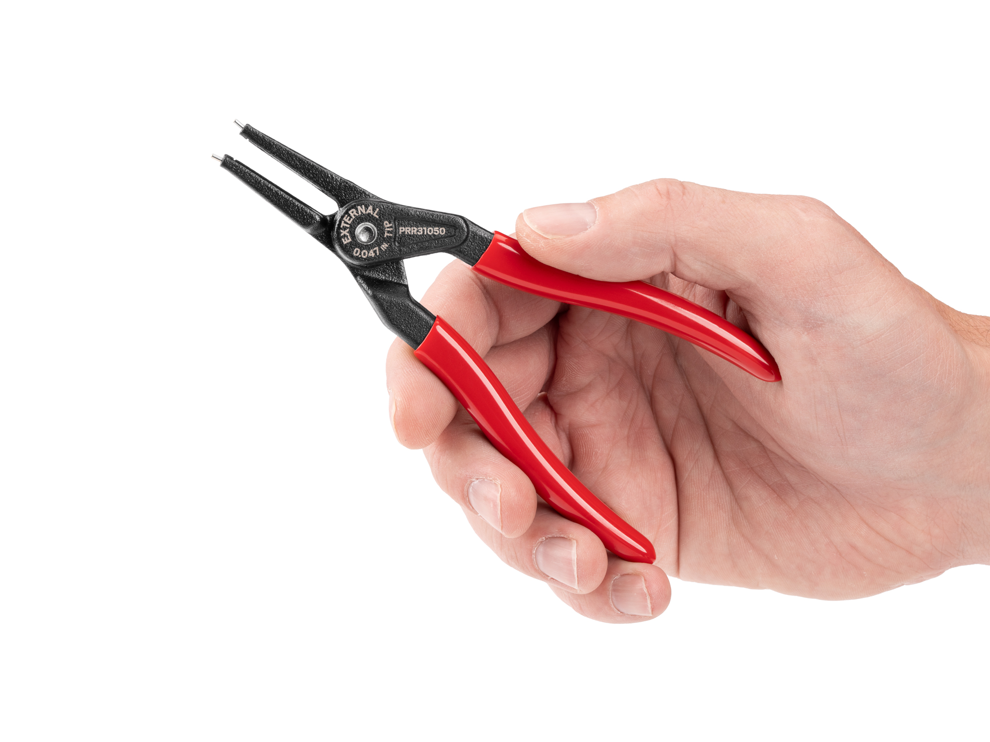 Person holding Tekton 5 inchh (0.047 inch tips) retaining ring pliers set. Item #PRR31050
