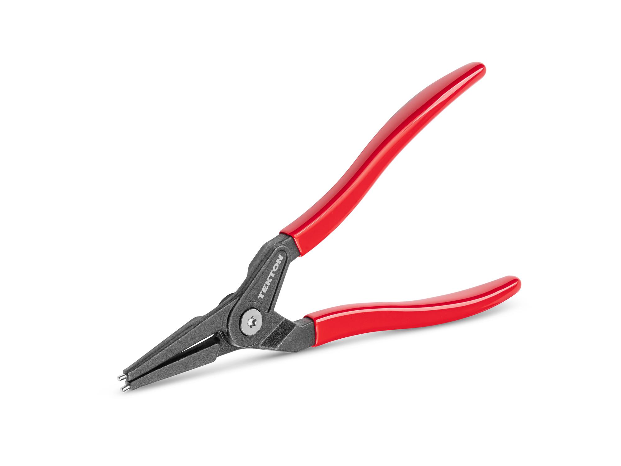 Front-right angle view of Tekton 9 inch retaining ring pliers. Item #PRR33090
