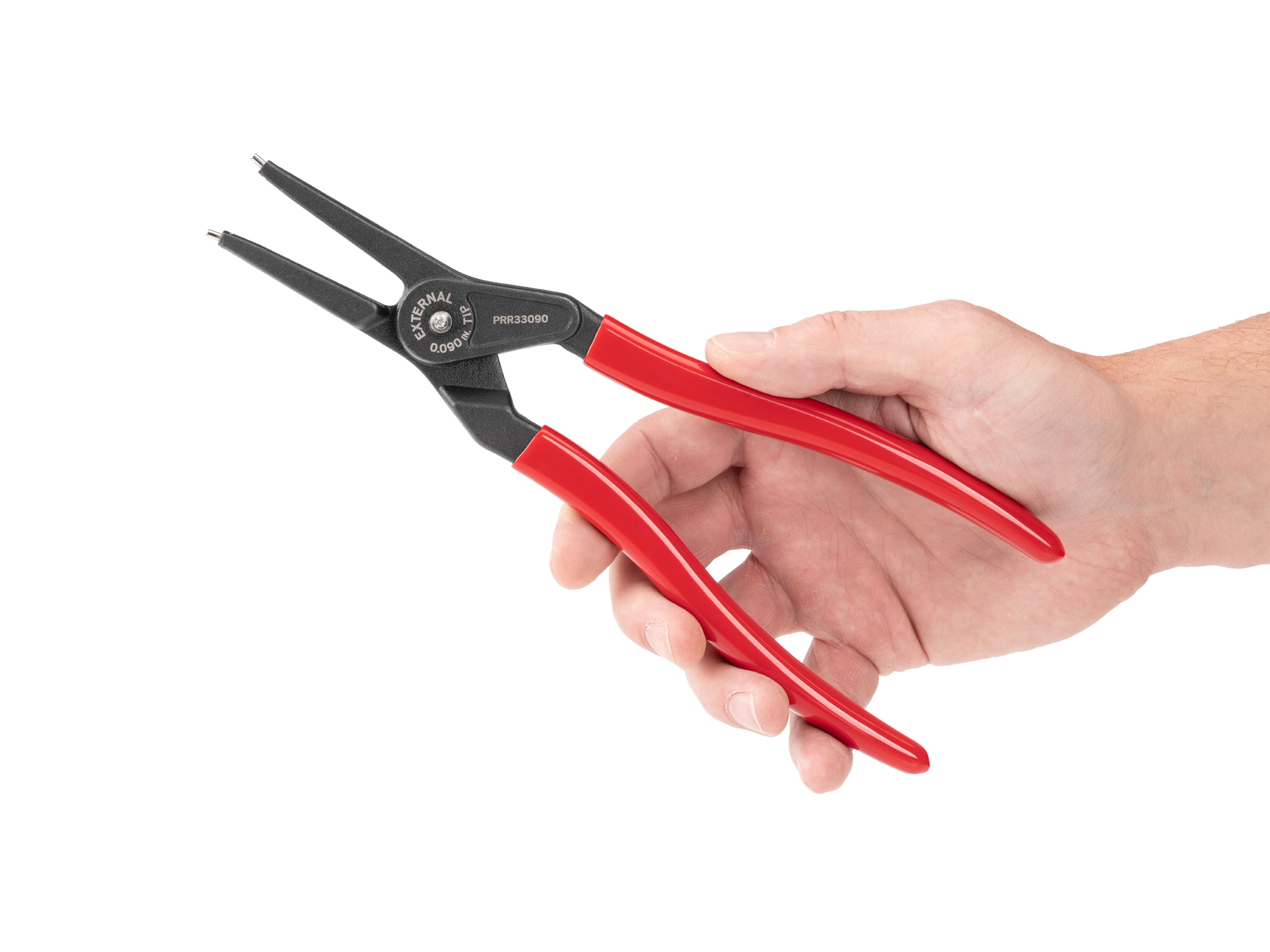 Person holding Tekton 9 inchh (0.090 inch tips) retaining ring pliers set. Item #PRR33090