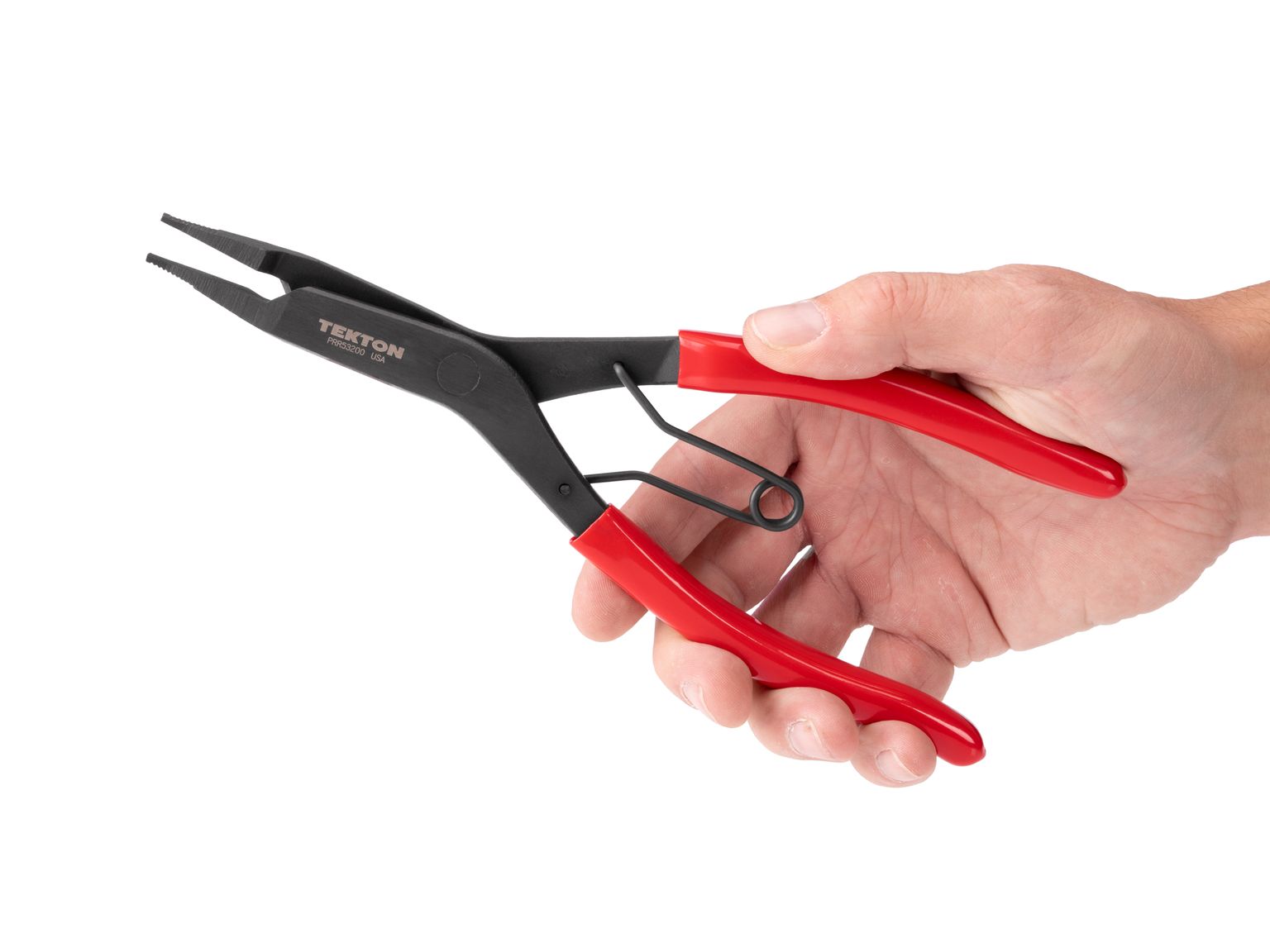 Person holding Tekton 9 inch retaining ring pliers. Item #PRR53200