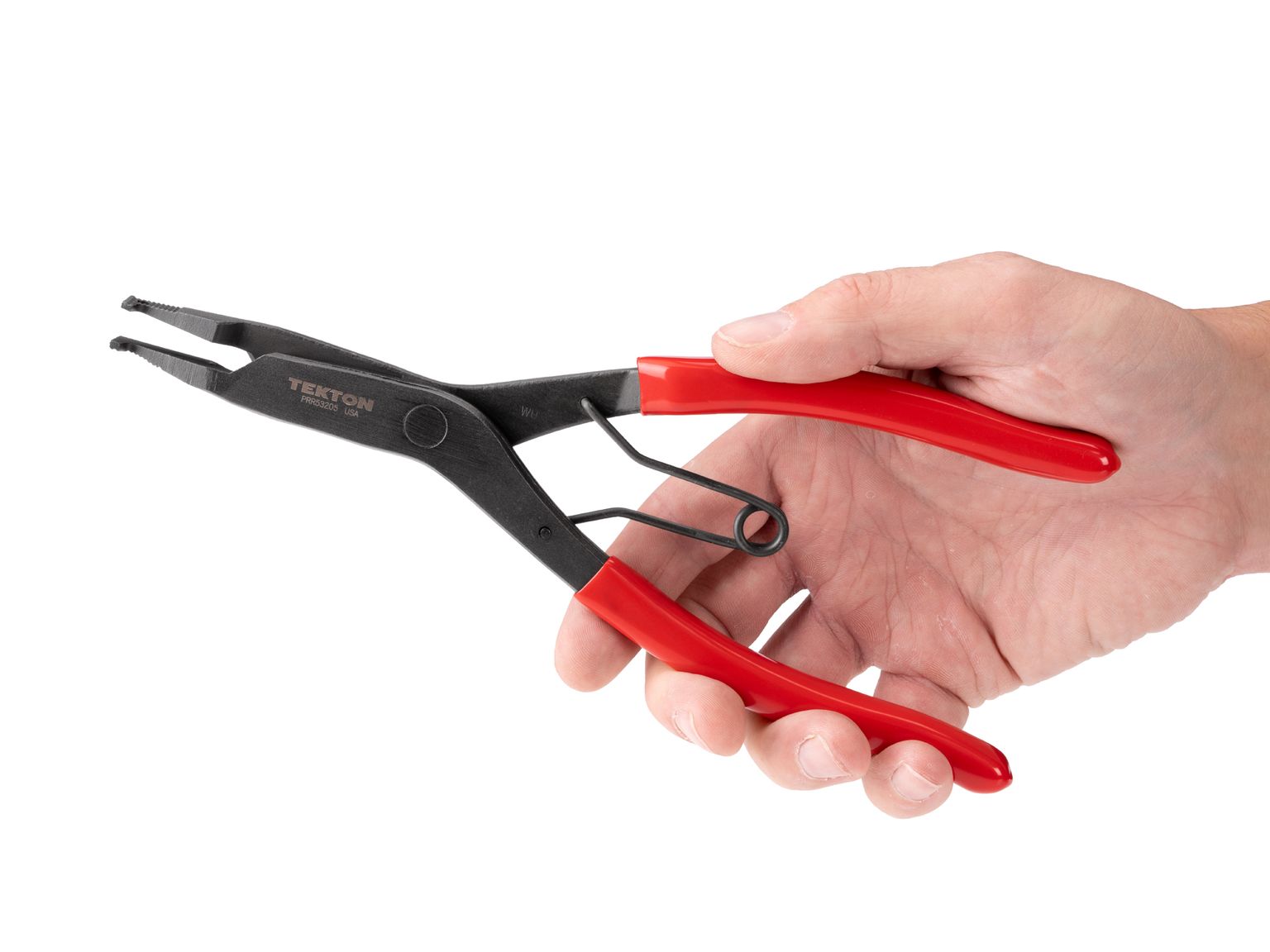 Person holding Tekton 9 inch retaining ring pliers. Item #PRR53205