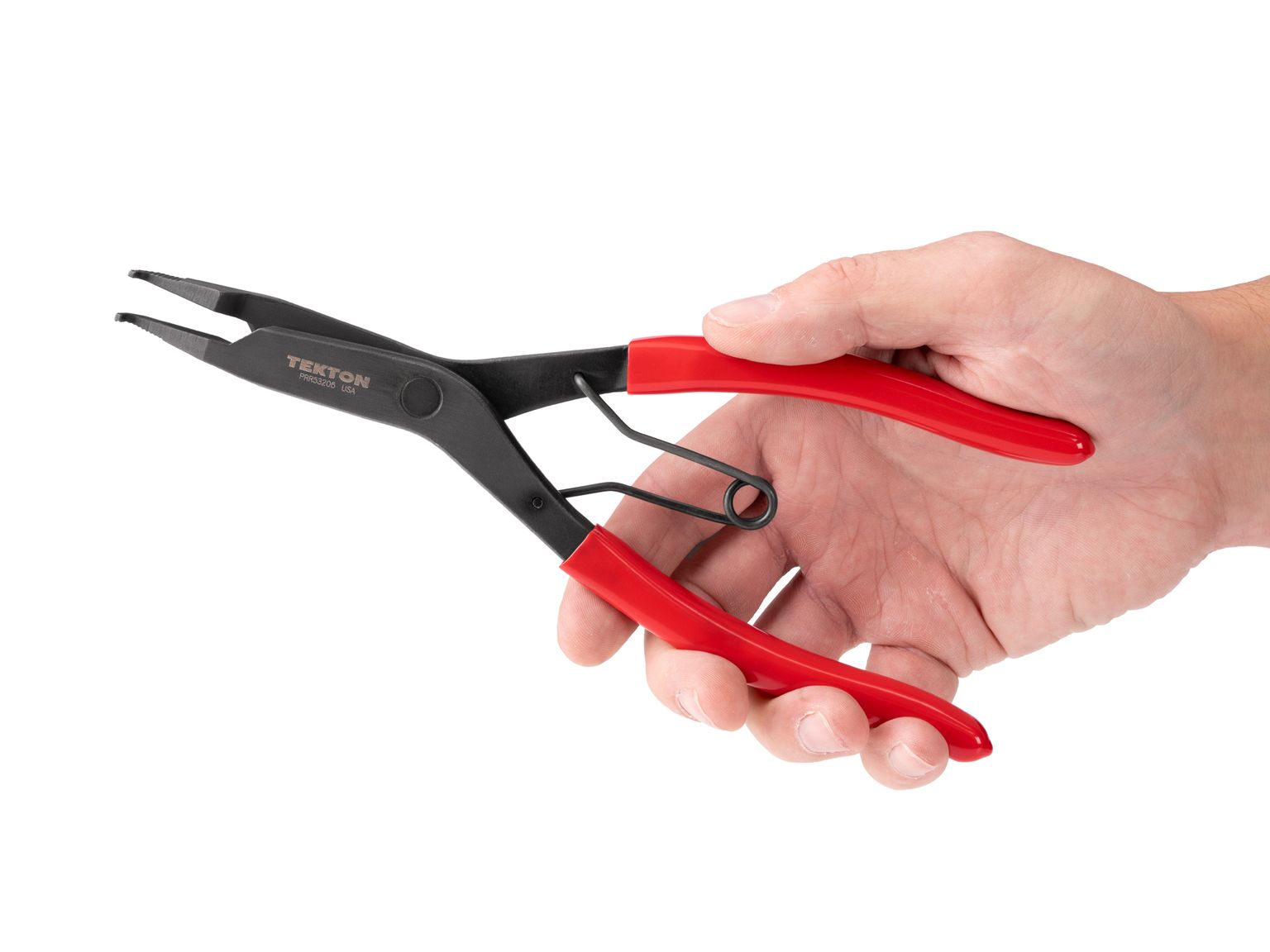 Person holding Tekton 9 inch retaining ring pliers. Item #PRR53206
