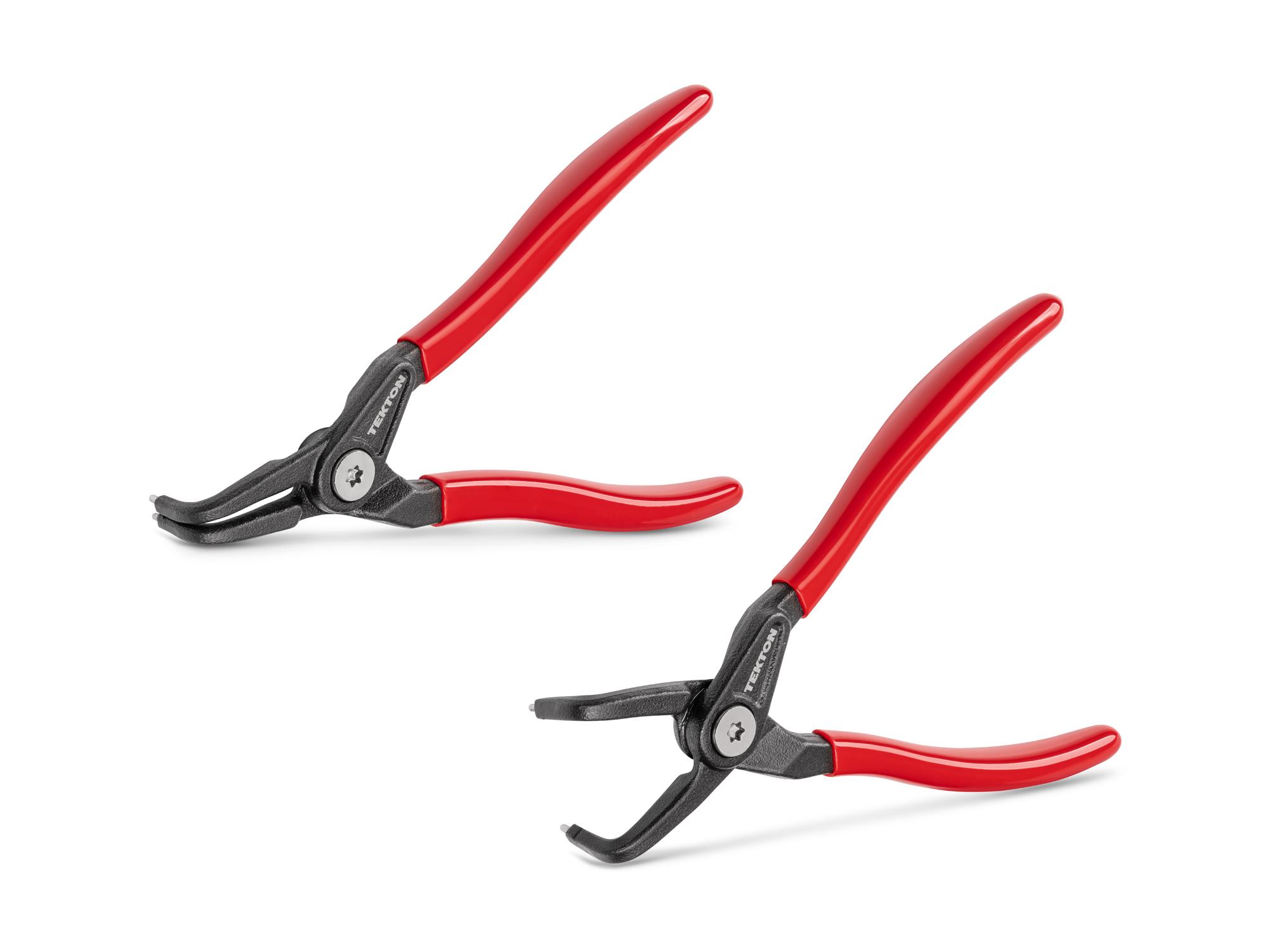 Front-right angle view of Tekton 7 inchh (0.070 inch tips) retaining ring pliers set. Item #PRR90004