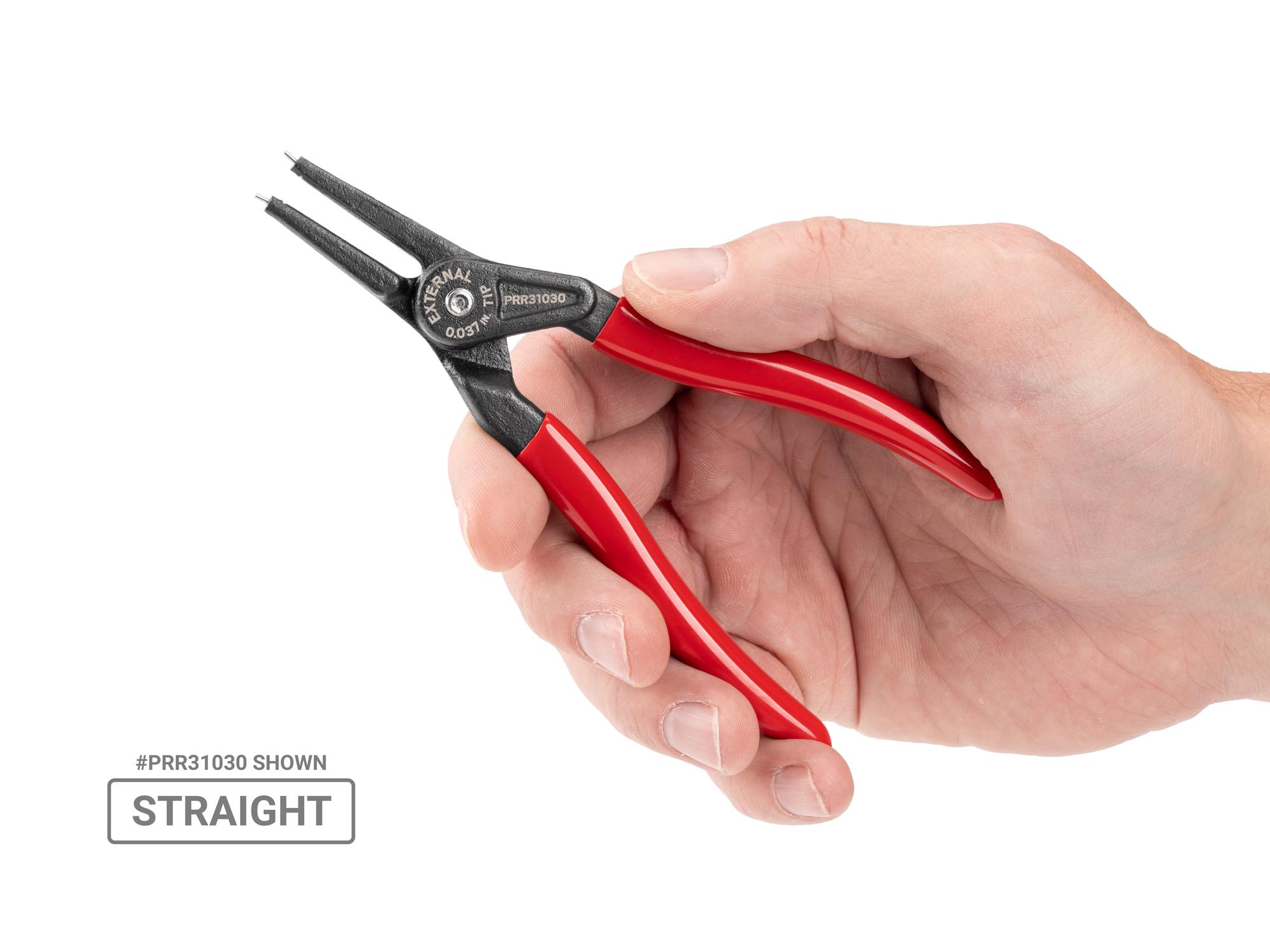 Person holding Tekton 5 inchh (0.037 inch tips) retaining ring pliers set. Item #PRR90007