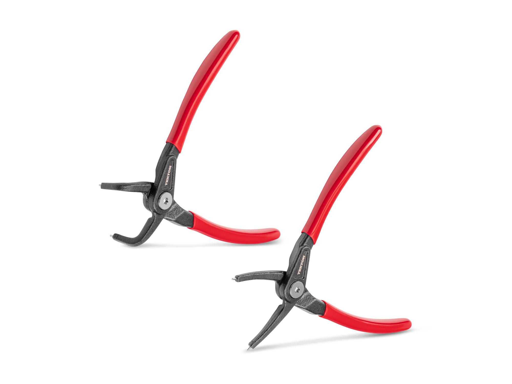 Front-right angle view of Tekton 5 inchh (0.047 inch tips) retaining ring pliers set. Item #PRR90011