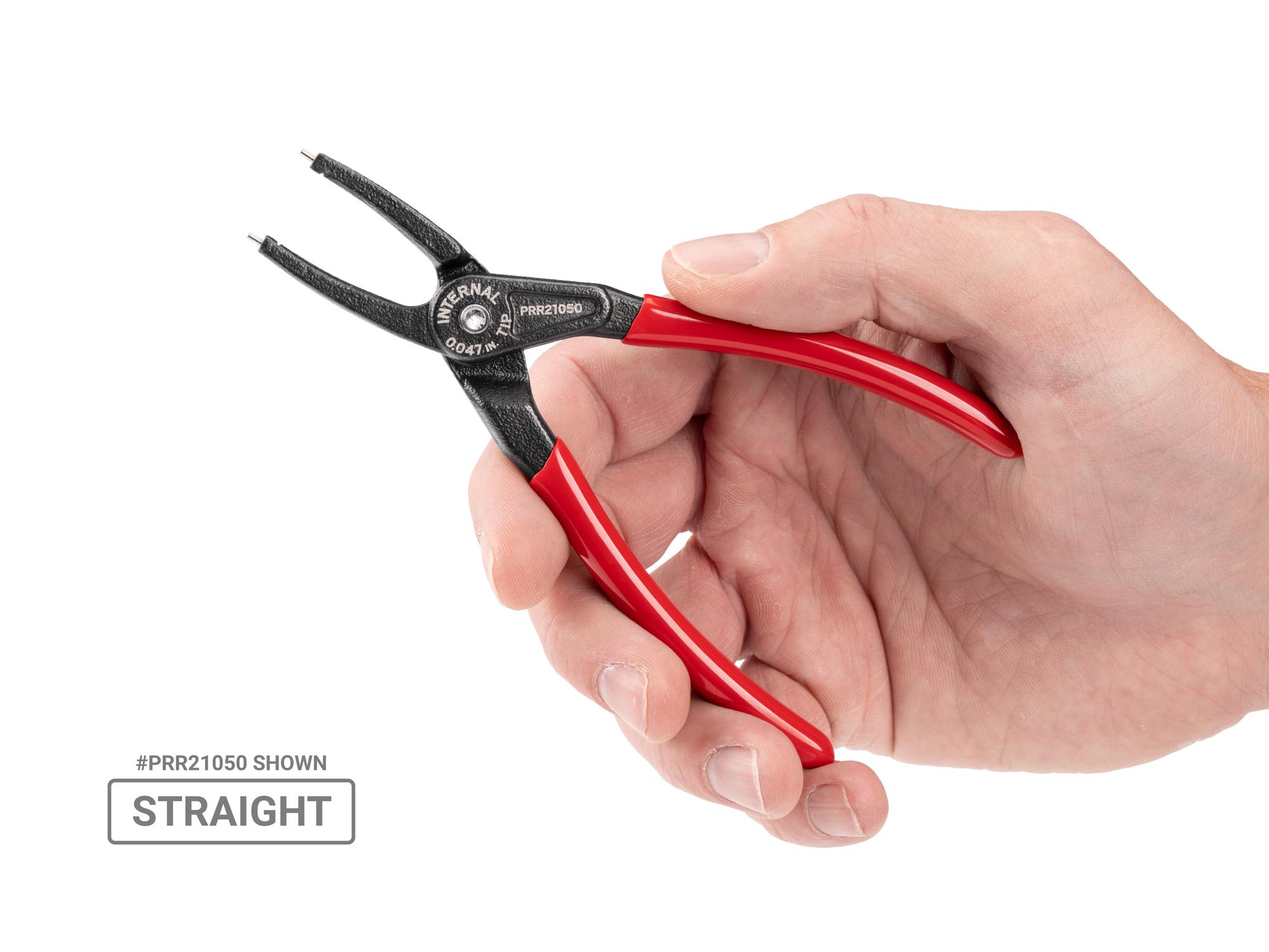Person holding Tekton 5 inchh (0.047 inch tips) retaining ring pliers set. Item #PRR90011
