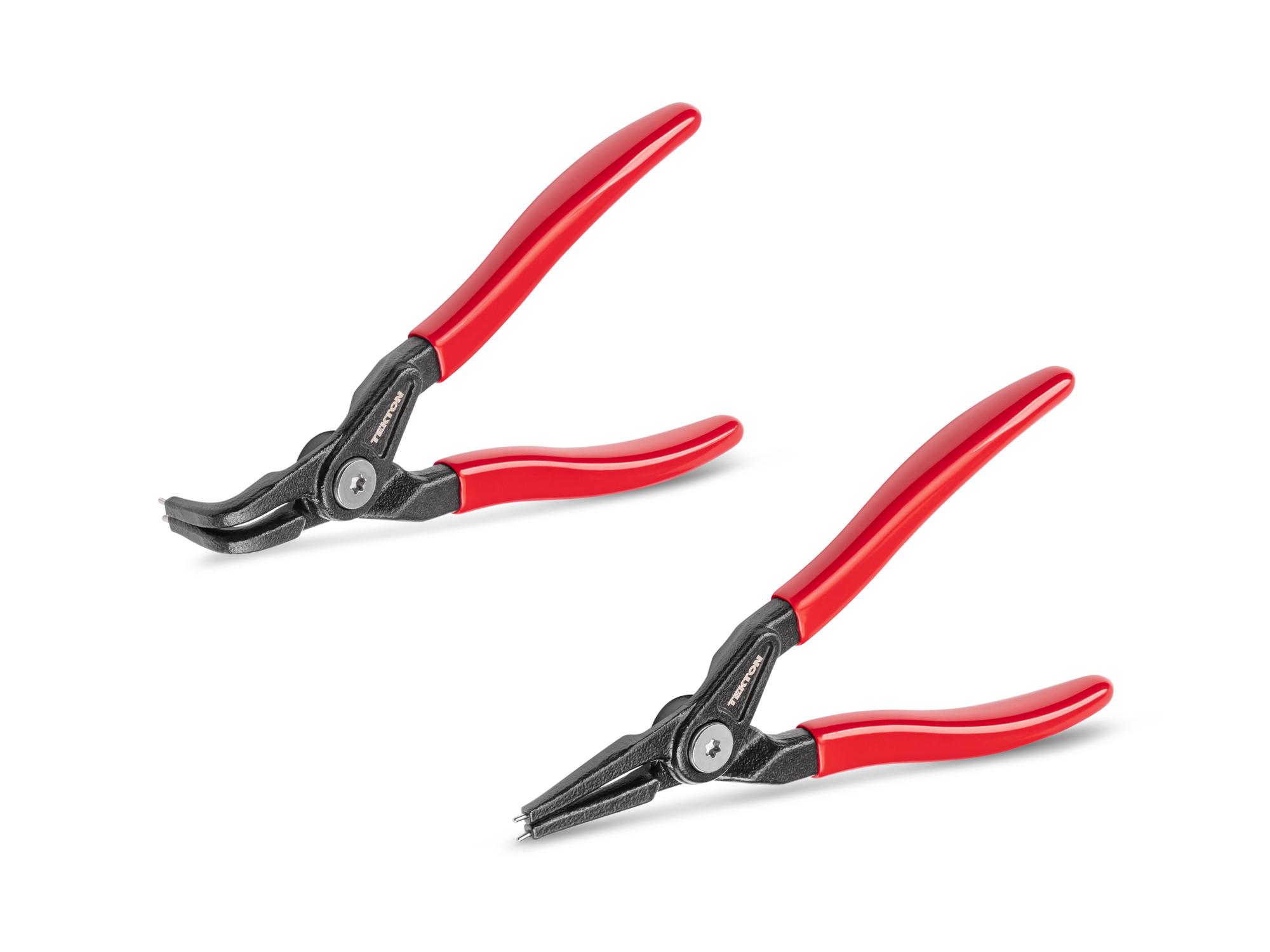 Front-right angle view of Tekton 5 inchh (0.047 inch tips) retaining ring pliers set. Item #PRR90012