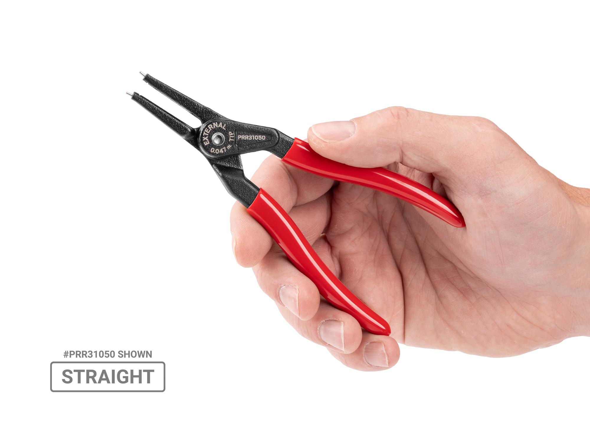 Person holding Tekton 5 inchh (0.047 inch tips) retaining ring pliers set. Item #PRR90012