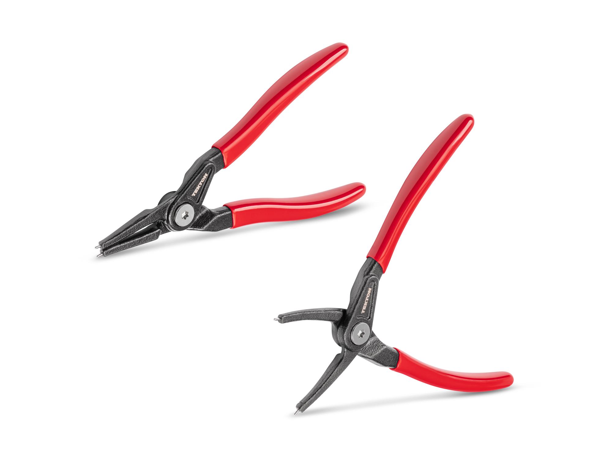 Front-right angle view of Tekton 5 inchh (0.047 inch tips) retaining ring pliers set. Item #PRR90013
