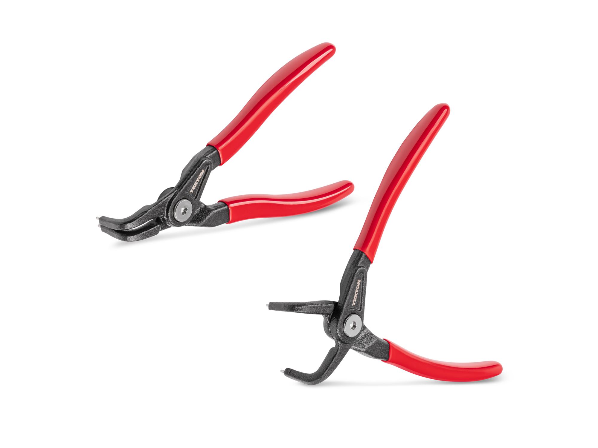 Front-right angle view of Tekton 5 inchh (0.047 inch tips) retaining ring pliers set. Item #PRR90014
