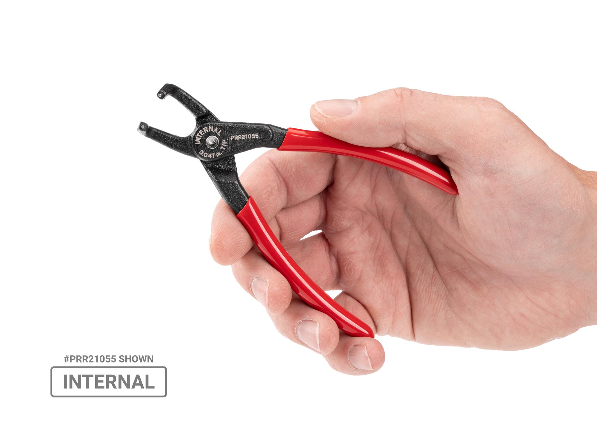 Person holding Tekton 5 inchh (0.047 inch tips) retaining ring pliers set. Item #PRR90014