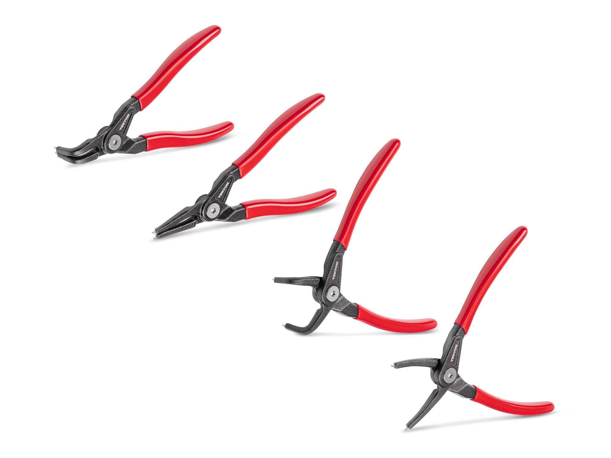 Front-right angle view of Tekton 5 inchh (0.047 inch tips) retaining ring pliers set. Item #PRR90015