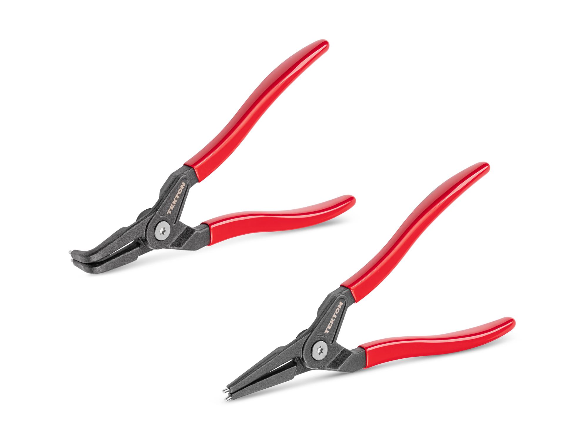 Front-right angle view of Tekton 9 inchh (0.090 inch tips) retaining ring pliers set. Item #PRR90017