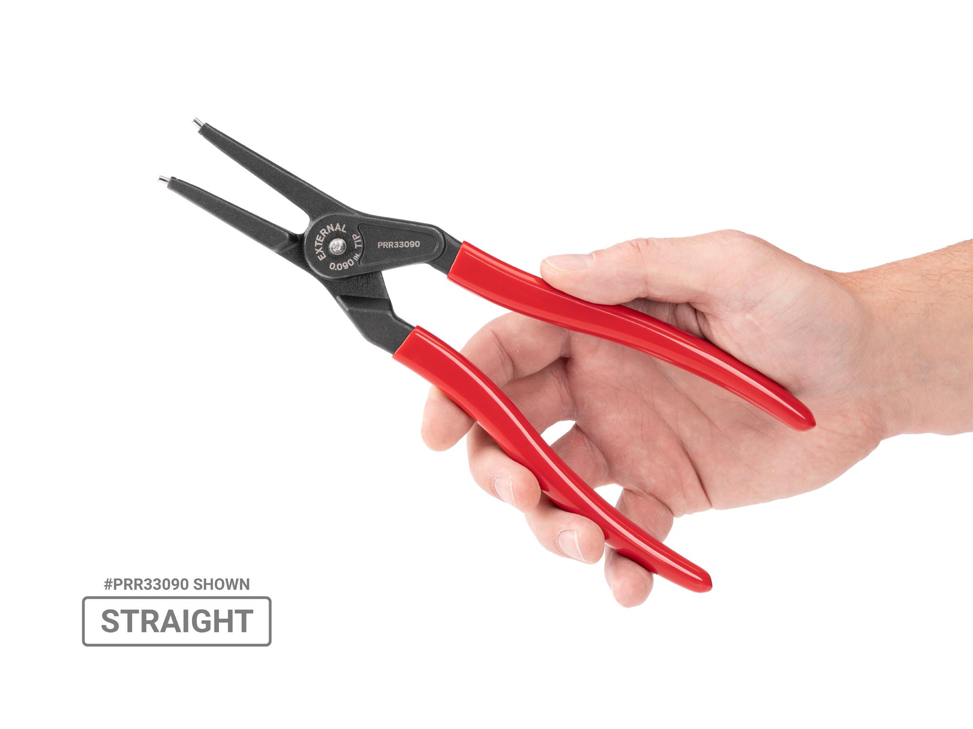 Person holding Tekton 9 inchh (0.090 inch tips) retaining ring pliers set. Item #PRR90017