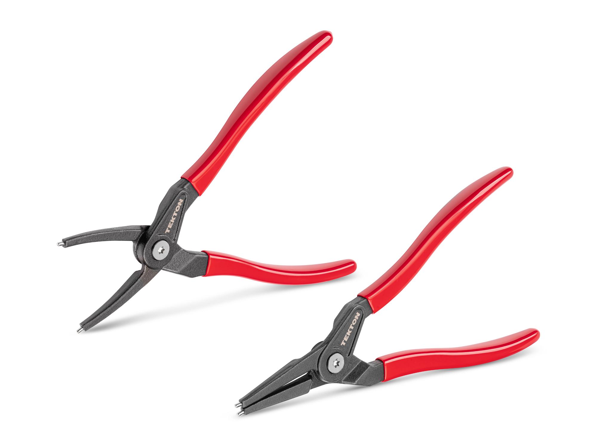 Front-right angle view of Tekton 9 inchh (0.090 inch tips) retaining ring pliers set. Item #PRR90018
