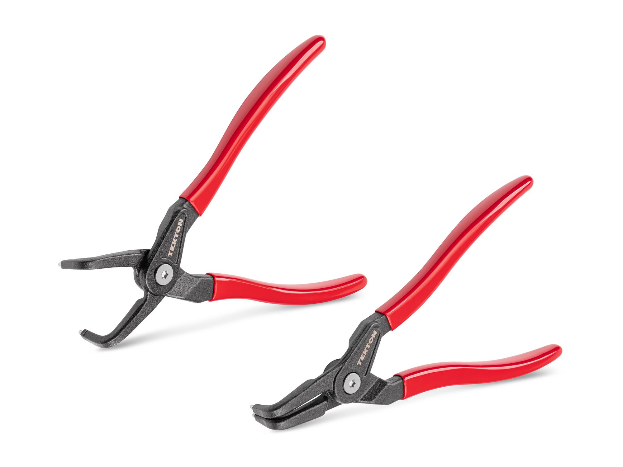 Front-right angle view of Tekton 9 inchh (0.090 inch tips) retaining ring pliers set. Item #PRR90019