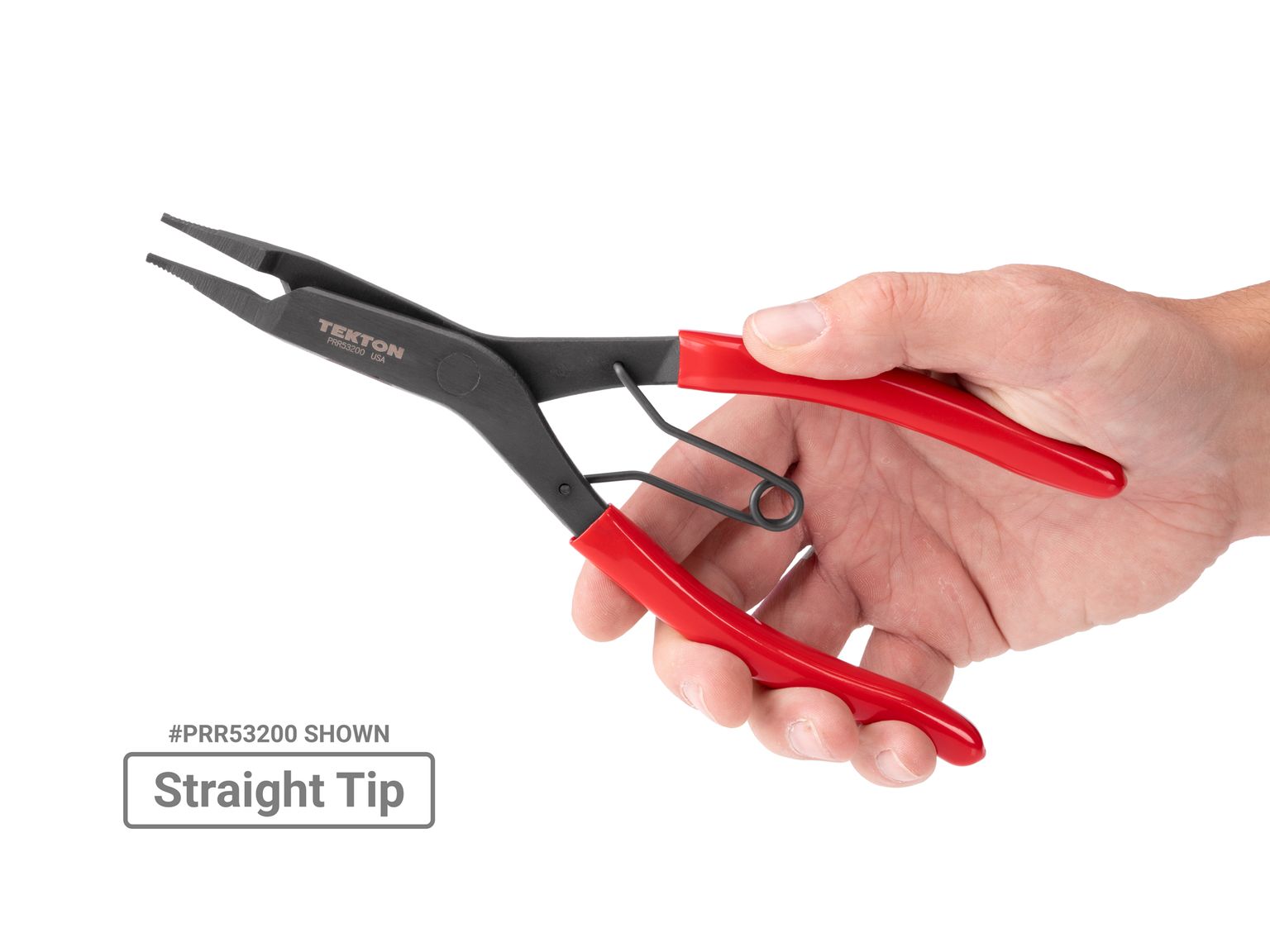 Person holding Tekton 9 inch retaining ring pliers set. Item #PRR90021