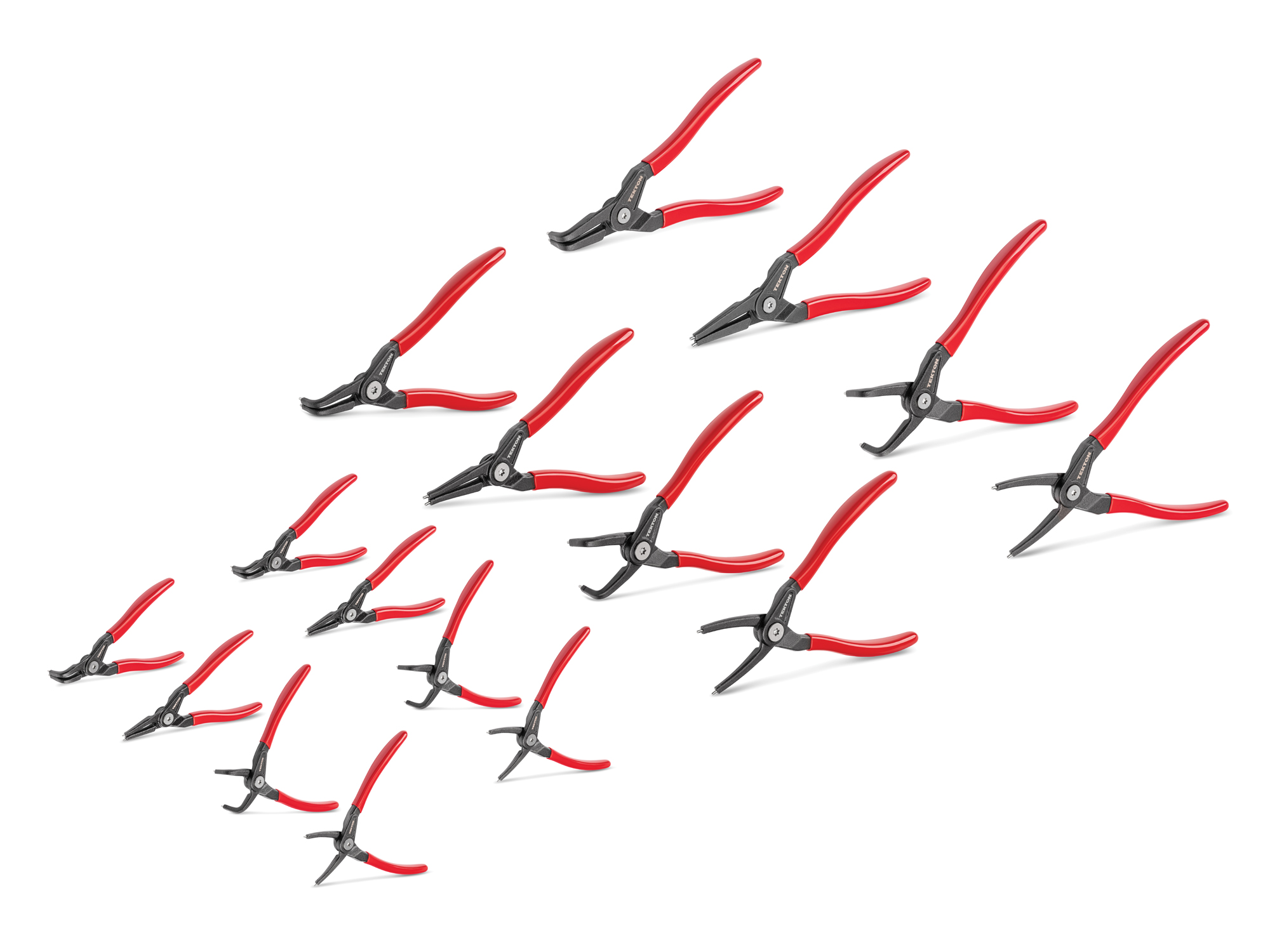 Front-right angle view of  Tekton 5, 7, 9 inchh (0.037 0.090 inch tips) retaining ring pliers set. Item #PRR90100