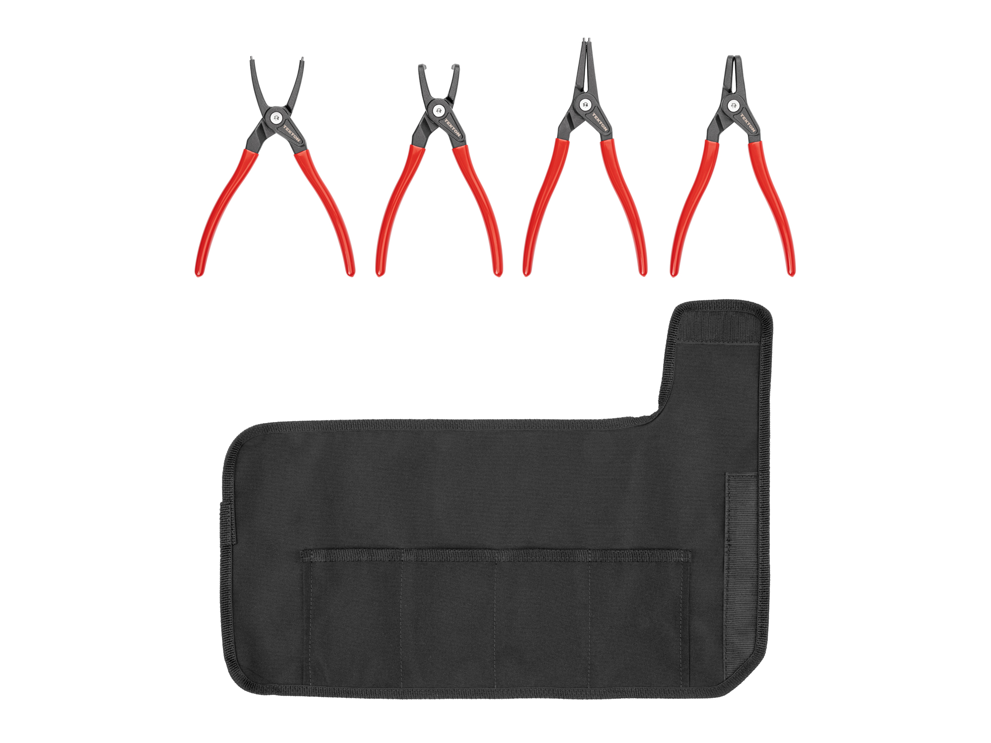 Laid out contents of  Tekton 9 inchh (0.090 inch tips) retaining ring pliers set. Item #PRR91007