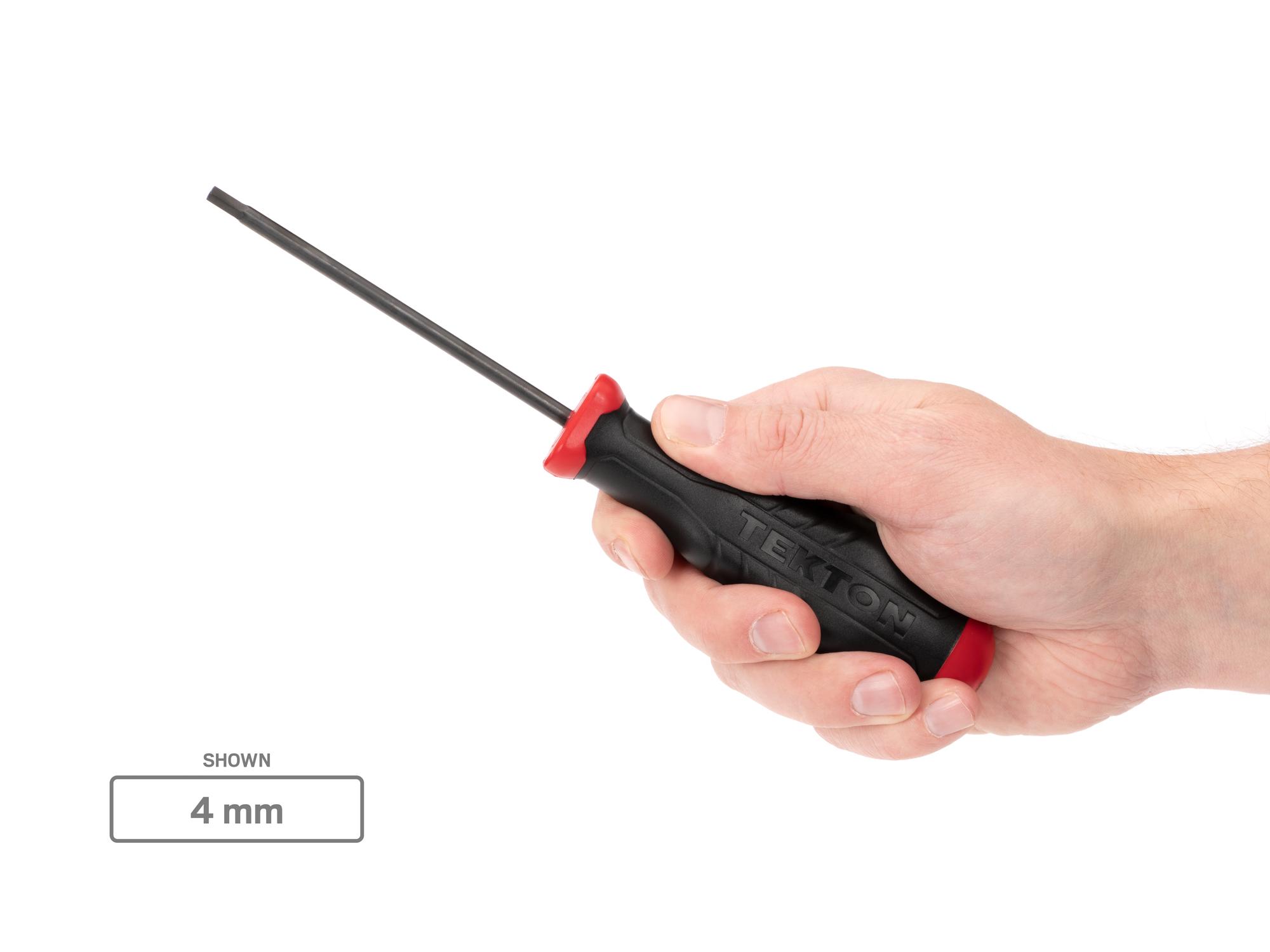 Person holding Tekton 4 millimeter screwdriver. Item #DHX21040