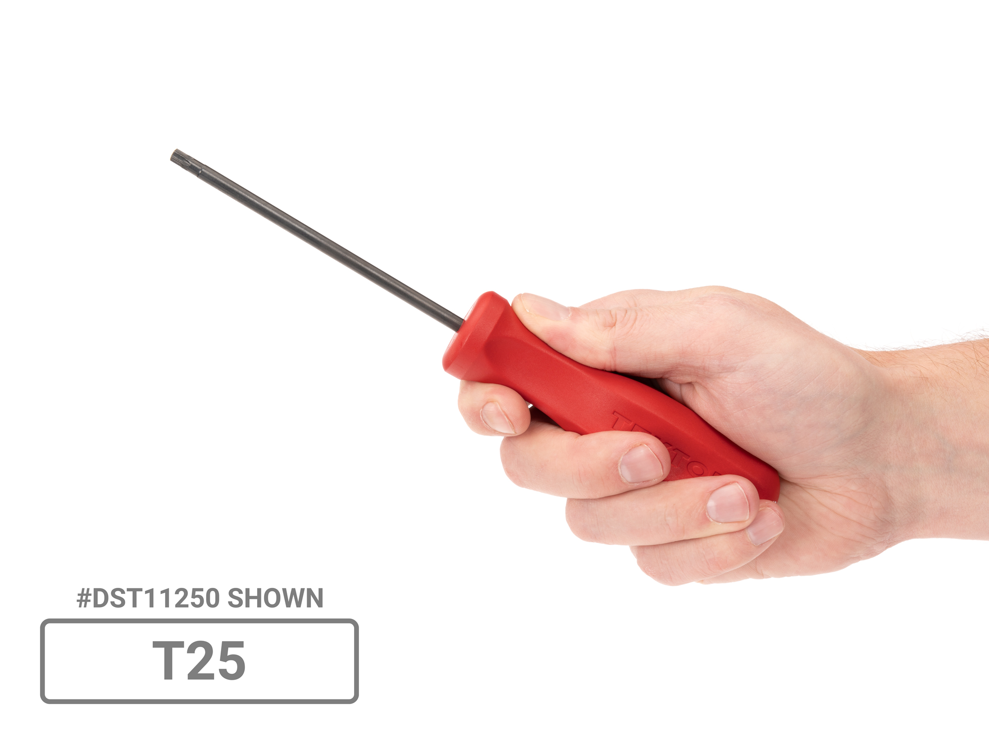Person holding Tekton t25 screwdriver. Item #DST11250