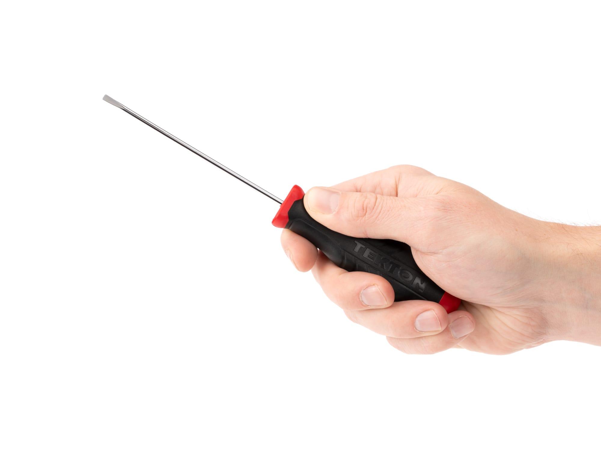 Person holding Tekton 4 inch screwdriver. Item #DHE31125
