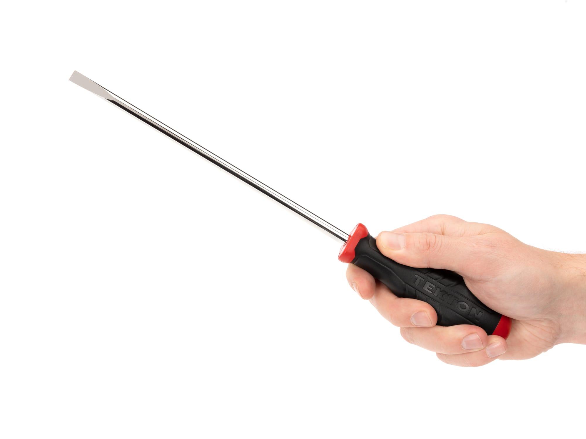 Person holding Tekton 8 inch screwdriver. Item #DHE34313